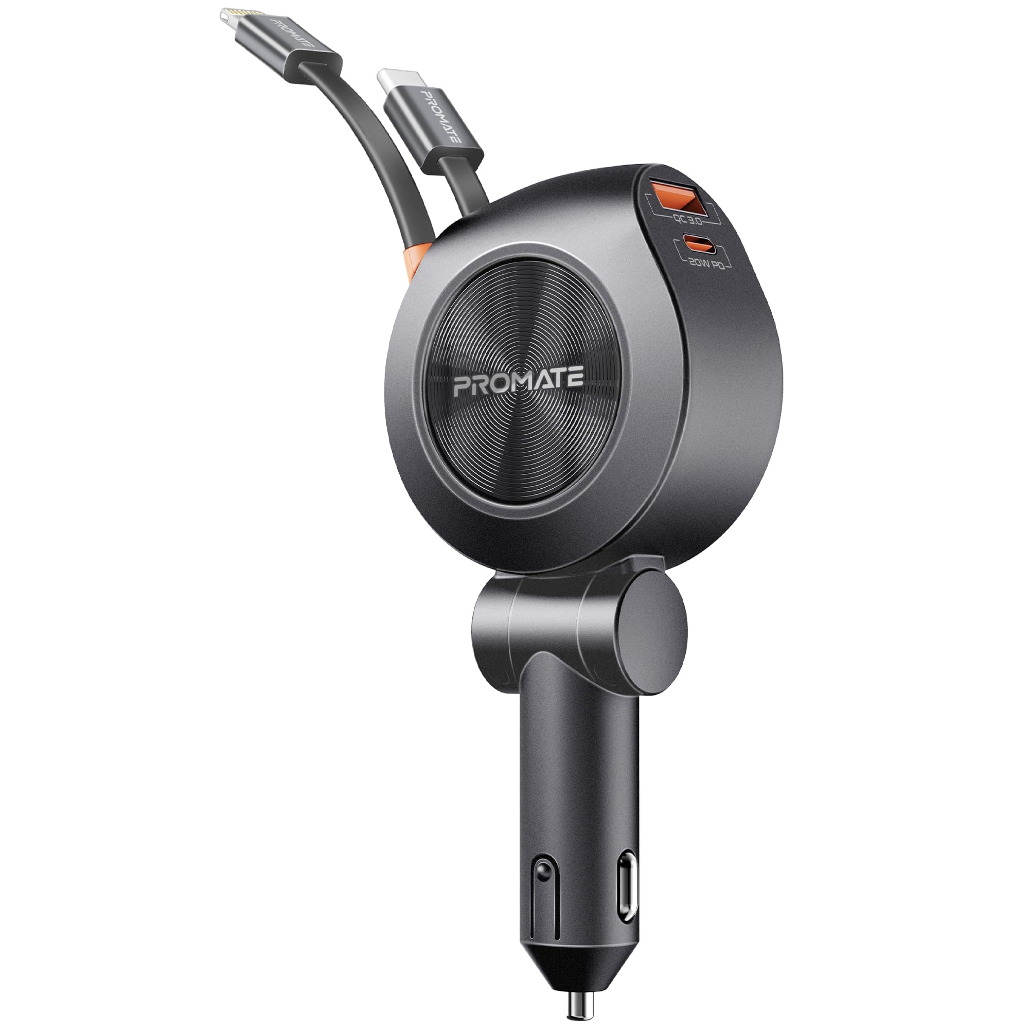 Promate Multi-Port Car Smartphone Charger With Retractable PD30W USB-C&PD20W Lightning Cables,20W USB-C,18W Quick Charge Ports,Heat Resistance,Surge Protection,180° Rotatable Body DesignÂ–Drivegear-R2