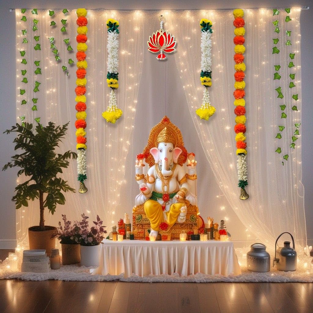 Abhaas Durga Pooja and Ganpati Decoration Items Diwali | Pooja Room Decor Items | Backdrop for Haldi Ceremony with Net Curtains and LED Lights for Decoration with Gajra