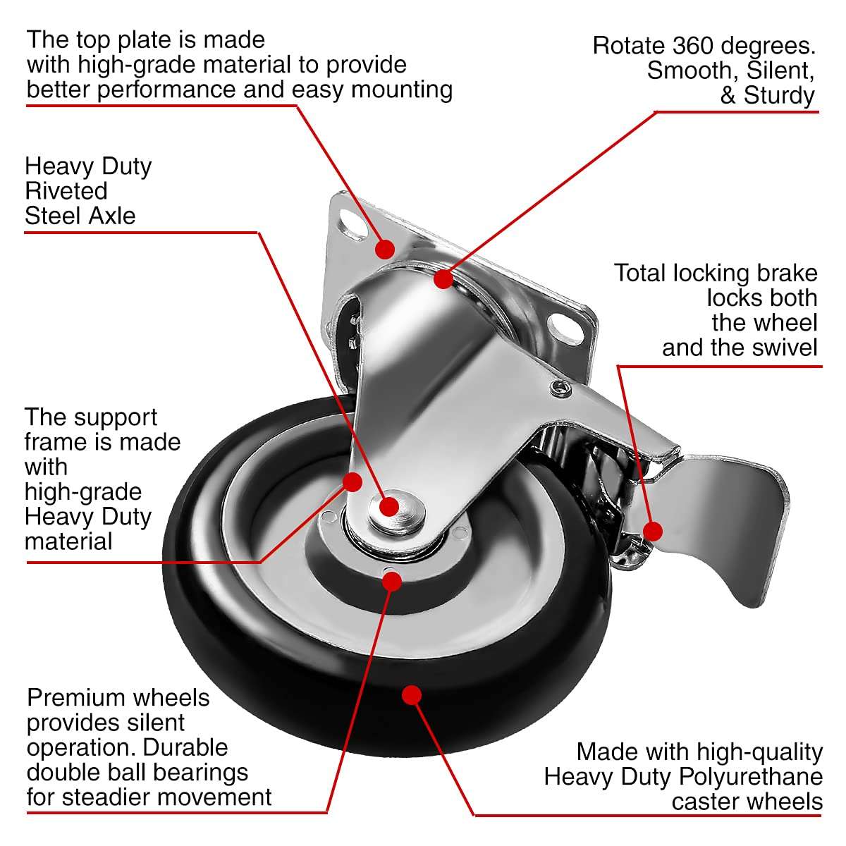 8 Pack 5 Inch Combo Caster Swivel Plate 4 w/Brake & 4 Plate Heavy Duty on Black PU Wheels with Heavy Duty Screws 6