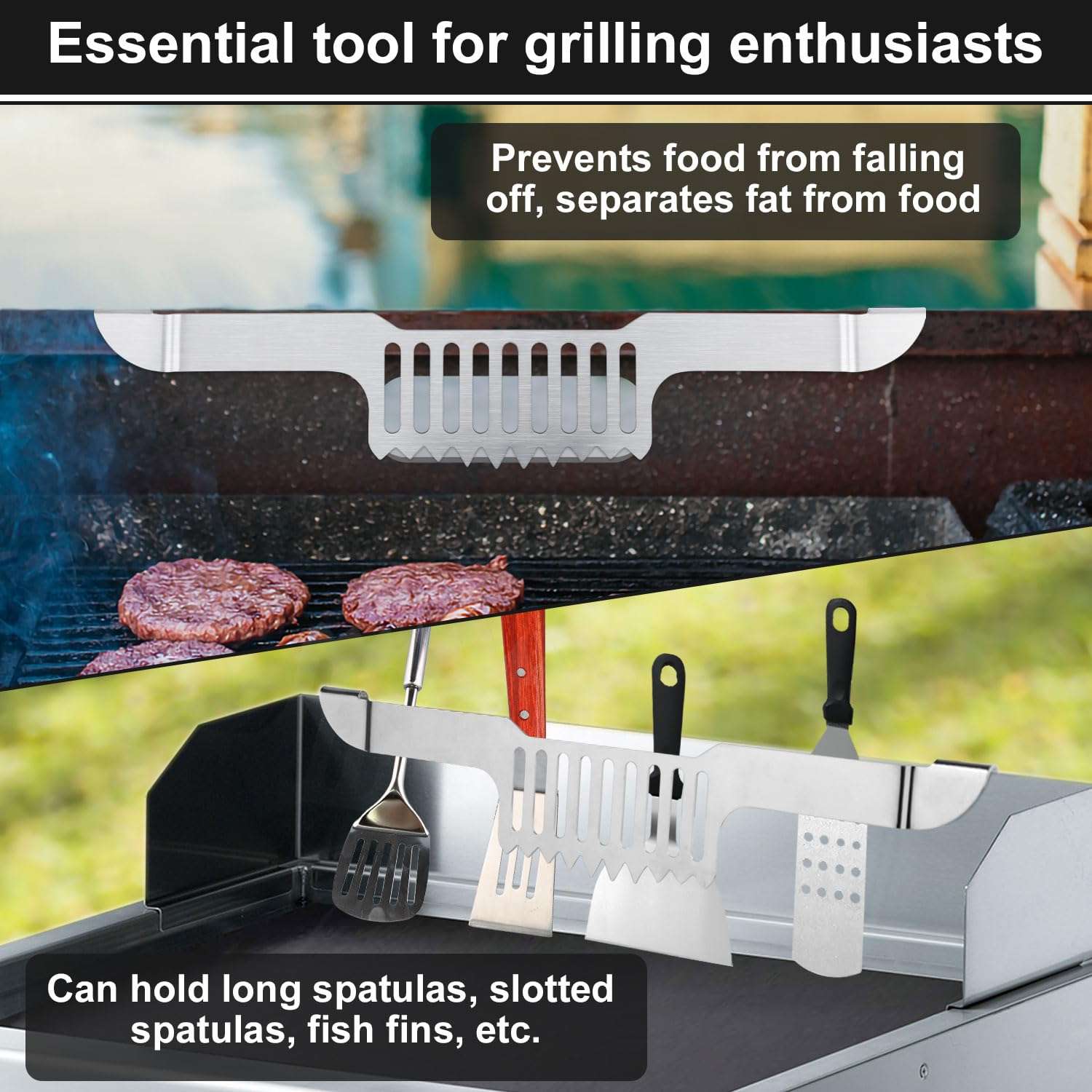 Griddle Spatula Holder for Blackstone Griddle, 11.81x2.36x0.79in Magnetic Design Stainless Steel Grease Grilling Grease Block Grease Gate Spatula Holder Barbecue Griddle Accessories Tool(Silver) 4