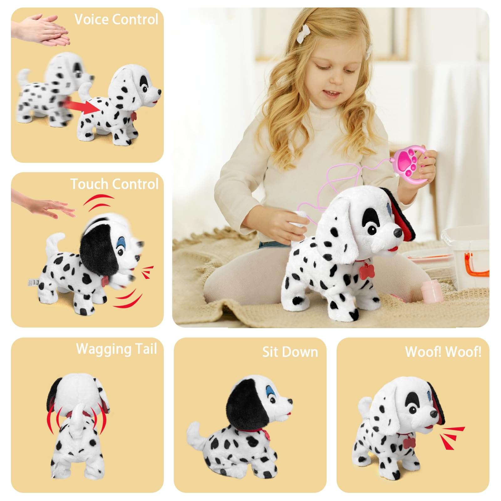 YH YUHUNG Walking Dalmatian Puppy with Remote Control Leash - Realistic Barking, Wagging Tail, and Head Nodding Actions - Interactive Plush Toy Electronic Pet Dog for Kids 3