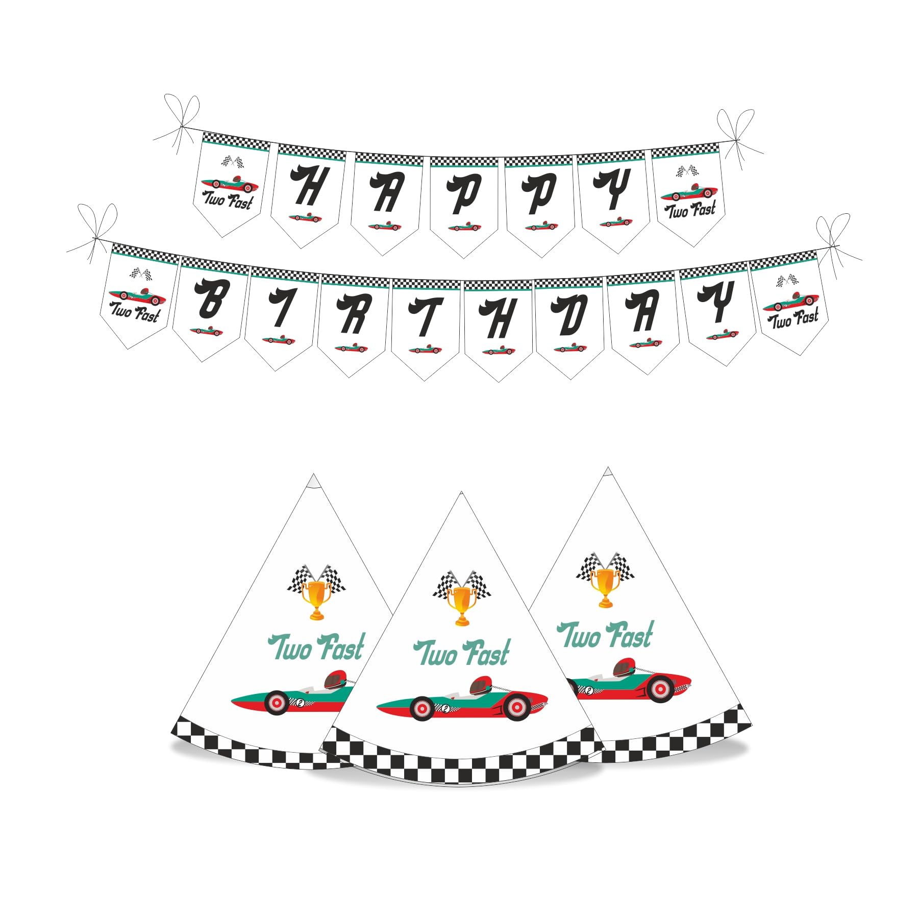 PRETTY UR PARTY Two fast Party decorations Kit - 80 pcs include Bunting, balloons, thank you, centerpiece, danglers, Caps, Race car Party Supplies, 2nd Birthday Decor, DIY Décor for Kids, Boys 5