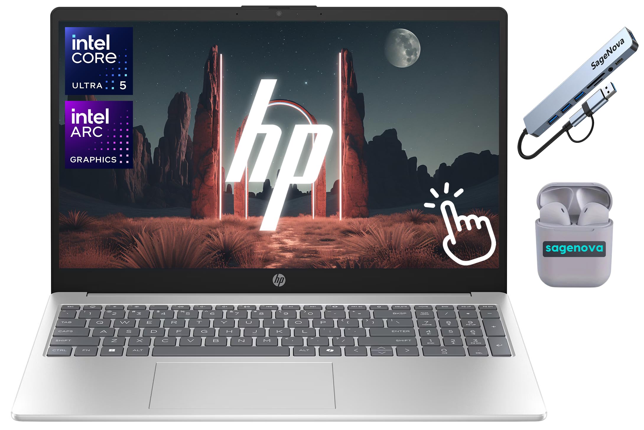 HP 15.6" FHD Touchscreen Laptop, Intel Core Ultra 5 125H (14-Core), 24GB RAM, 1.5TB Storage (1TB SSD + 512GB Docking Station Set), AI‑Ready, Windows 11, SageNova Earphones, Silver
