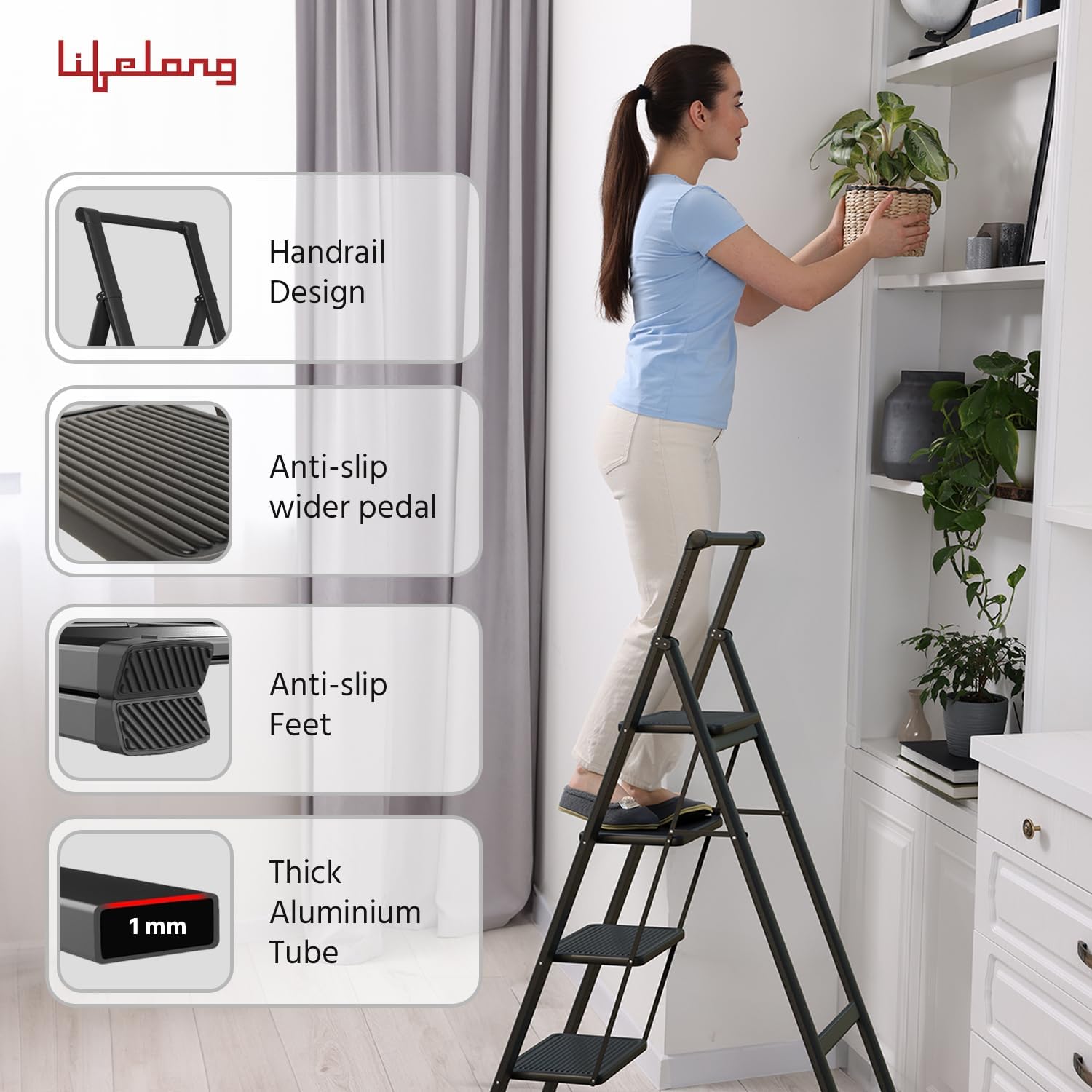 Lifelong 4 Steps Steel Ladder with Handle for Home, Foldable & Portable Stairs, Versatile Use for Kitchen, Bathroom & Office Foot Stool - Multipurpose Step Stool with 150 Kg Capacity (LLSLH04, Black) 6