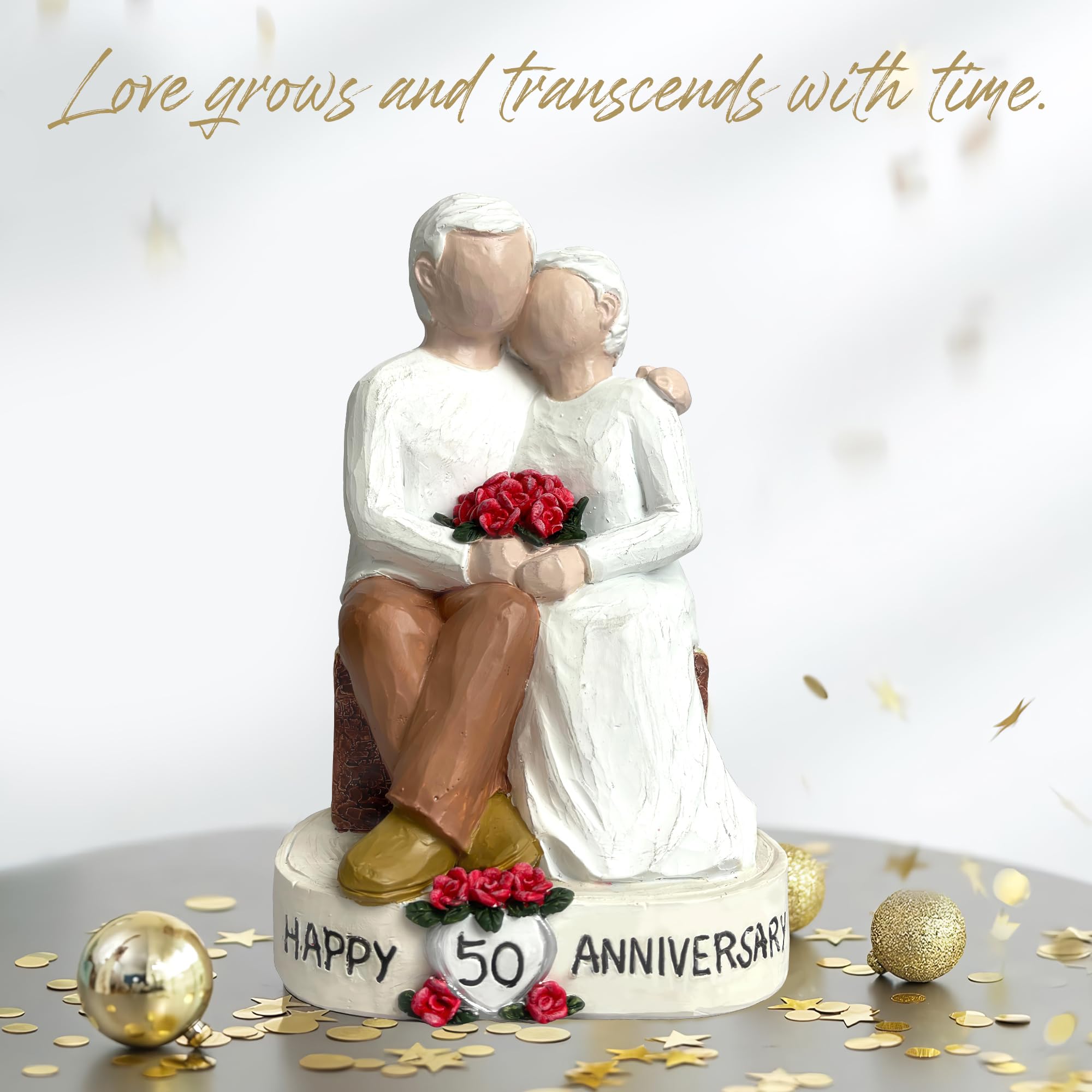 Bozspacer 50th Loving Elderly Couple Figurines, Hand-Painted Resin Statue for Parents or Grandparents, 5.9 Inch Tabletop Decor, for Old Couple or Marriage Anniversary 6