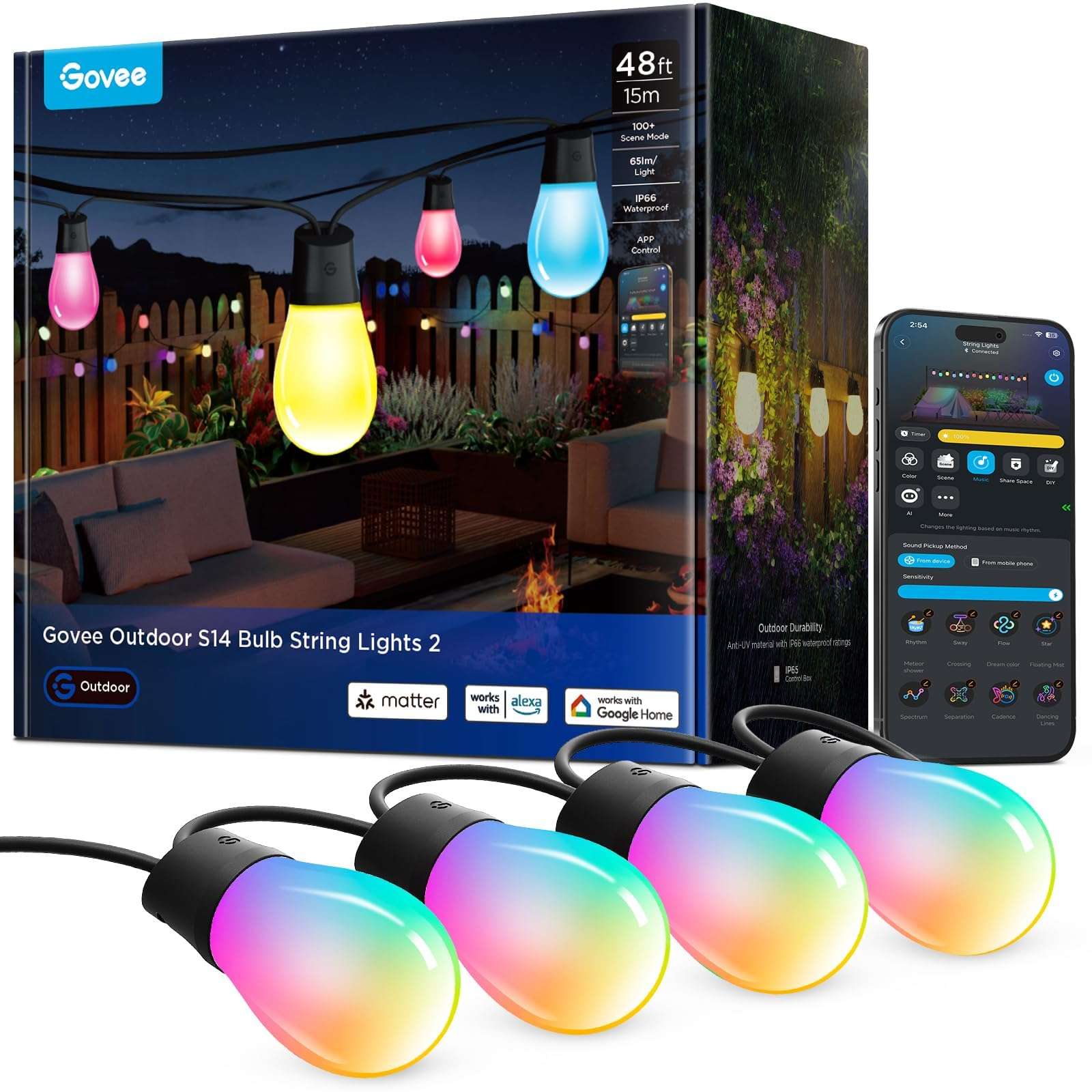 Govee S14 Bulb Outdoor String Lights 2, 48ft Smart RGBIC Warm White Patio Lights with 15 LED Bulbs, 111 Scene Modes for Outdoor Decor, Upgraded IP66 Compatible with Alexa, Google, Matter, APP Control 1