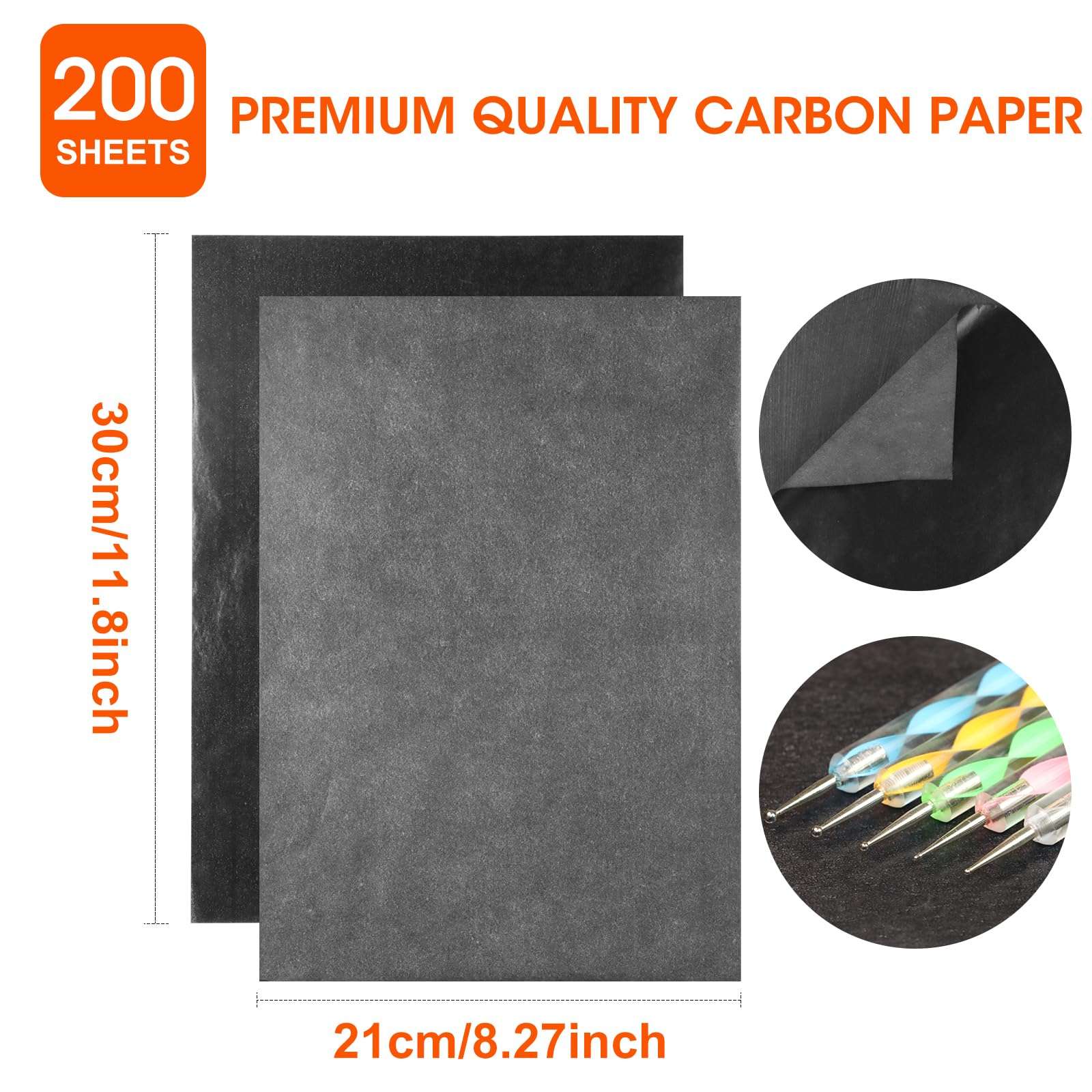 200 Sheets Carbon Paper Black Graphite Paper Transfer Tracing Paper and 5 Pieces Ball Embossing Styluses for DIY Woodworking, Paper, Canvas and Other Art Craft Surfaces 2