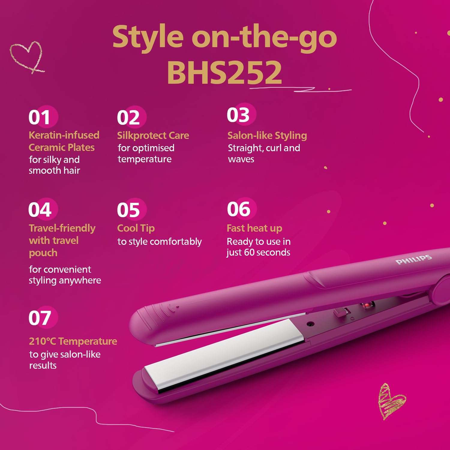 Philips New Hair Straightener | Keratin infused Ceramic plates for glossy frizz-free straight hair | SilkProtect Technology minimizes heat damage | On-the-Go Travel Friendly Hair Straightener for Women| BHS252/00 3