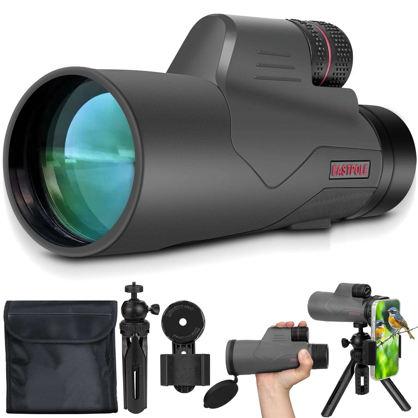 Monocular 12x56 High Power Monocular Telescope for Adults with Smartphone Adapter, FMC Lens & BAK4 Prism, for Bird Watching, Hunting, Hiking, Camping and Concerts(Grey) 1