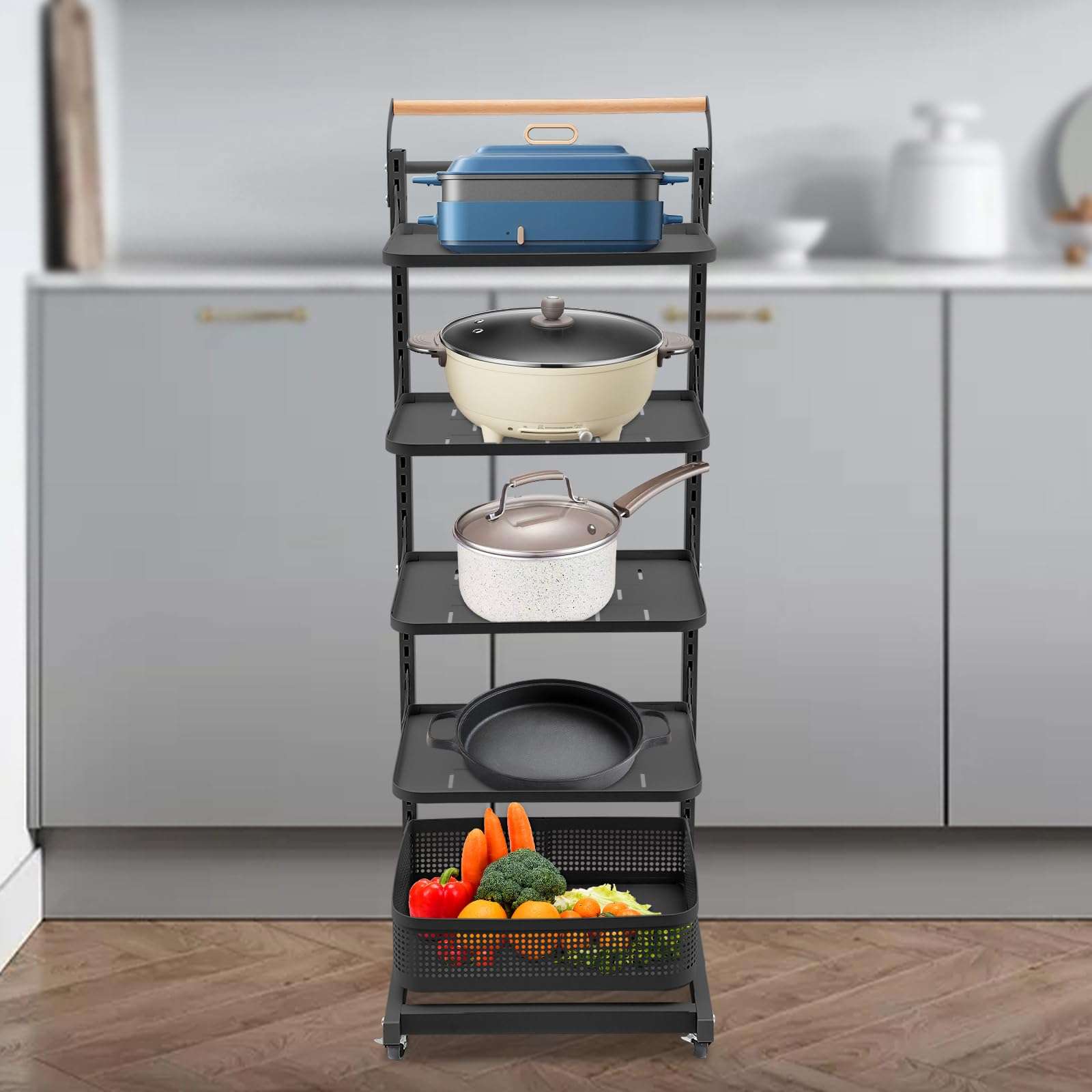 LOYALHEARTDY 5-Tier Storage Cart, Multifunction Utility Rolling Cart Kitchen Storage Organizer, Mobile Shelving Unit Cart with Lockable Wheels for Bathroom, Laundry, Living Room, Gray White 4