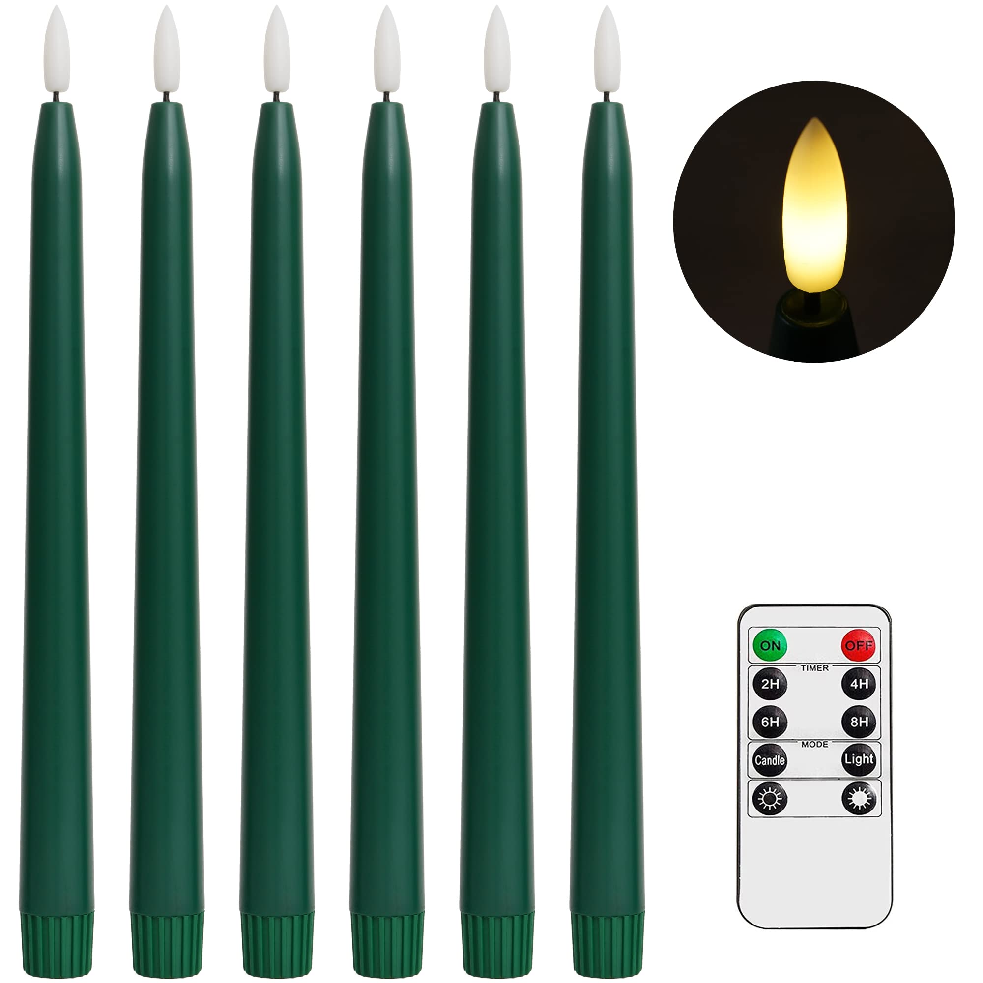 Stmarry Green Flameless Taper Candles with Remote Control - 11 Inch LED Candlesticks Battery Operated, Realistic 3D Flame with Wick, Timer, Christmas Decor - Set of 6 1
