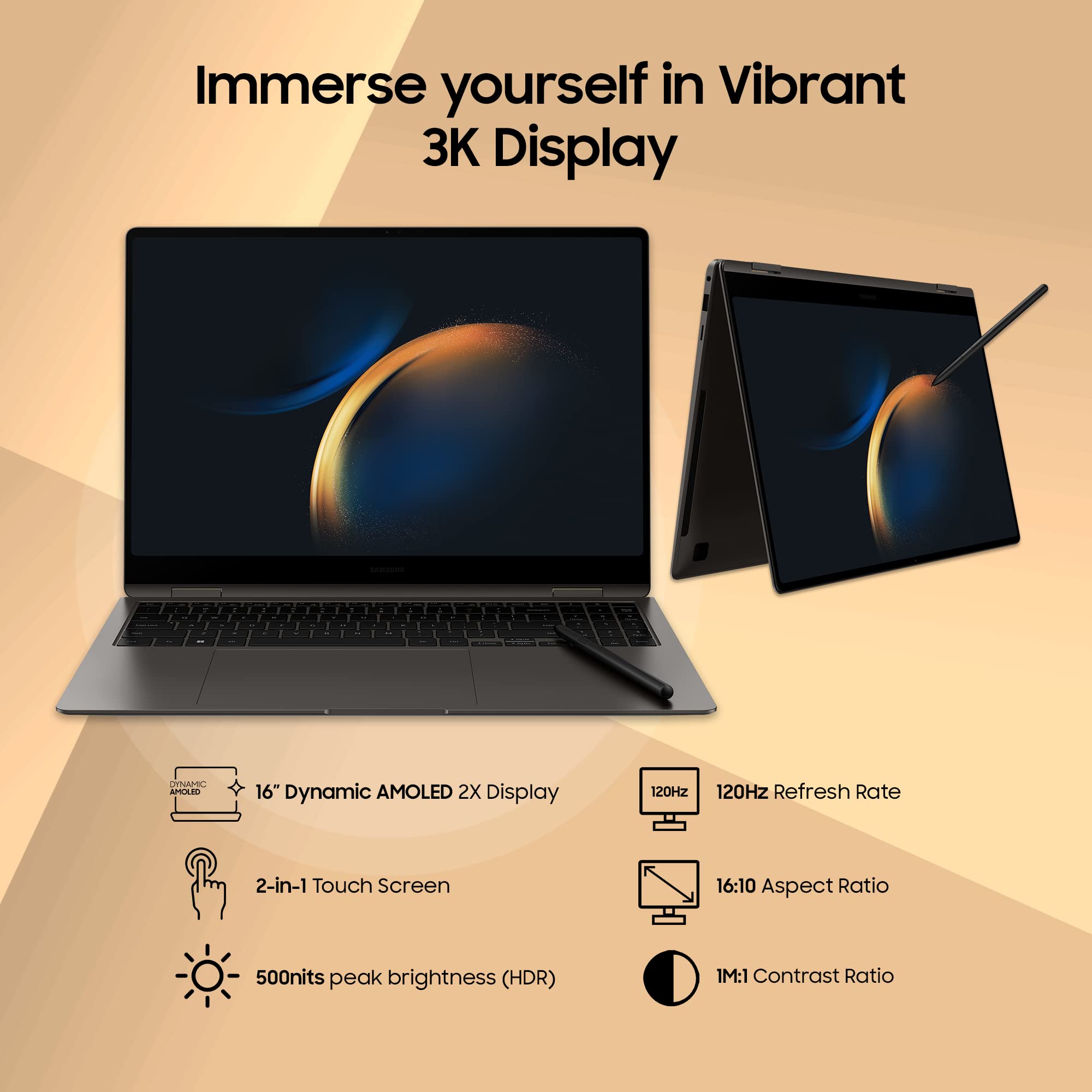 Samsung Galaxy Book3 Pro 360 Intel 13th Gen i5 EvoTM 40.62cm(16") Touchscreen 2-in-1 3K Display, 120Hz, Thin & Light Laptop(16 GB/512 GB SSD/Windows 11/MS Office/S-Pen/Graphite/1.6Kg), NP960QFG-KA2IN 3