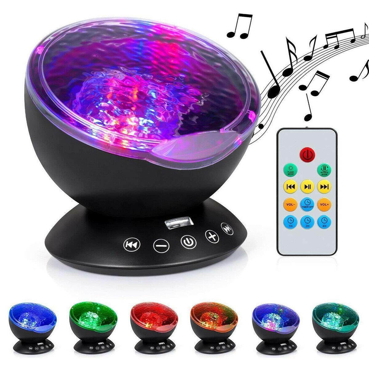 Sisliya Ocean Wave Projector, 12 LED Night Light Lamp with Adjustable Light Remote Timer 7 Lighting Modes Speaker Music Light Night Projector for Baby Kids Adults Bedroom Sleep Gift 1