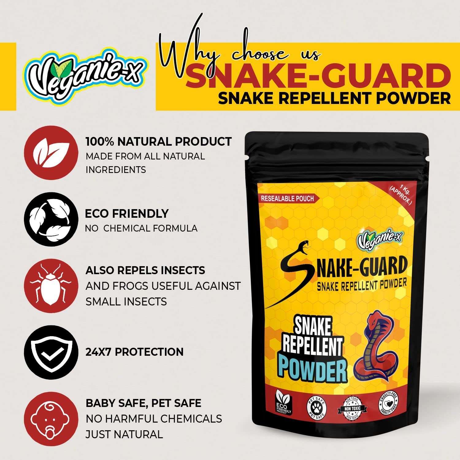 Veganie-X Snake Guard Snake Repellent Powder | Non-Toxic Safe Eco-Friendly Long-Lasting Protection | Snake Repellent for Outdoors Home-10 Kg, Pack of 10 5