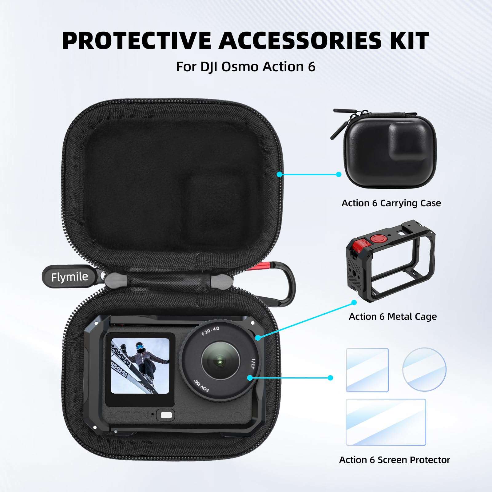 BRDRC Action 6 Camera Cage + Screen Protector+ Carrying Case (for Frame) Accessories Kit, Protective Metal Cage Portable PU Hard Bag Tempered Glass Lens Film for DJI Osmo Action 6 Protective Bundle 3