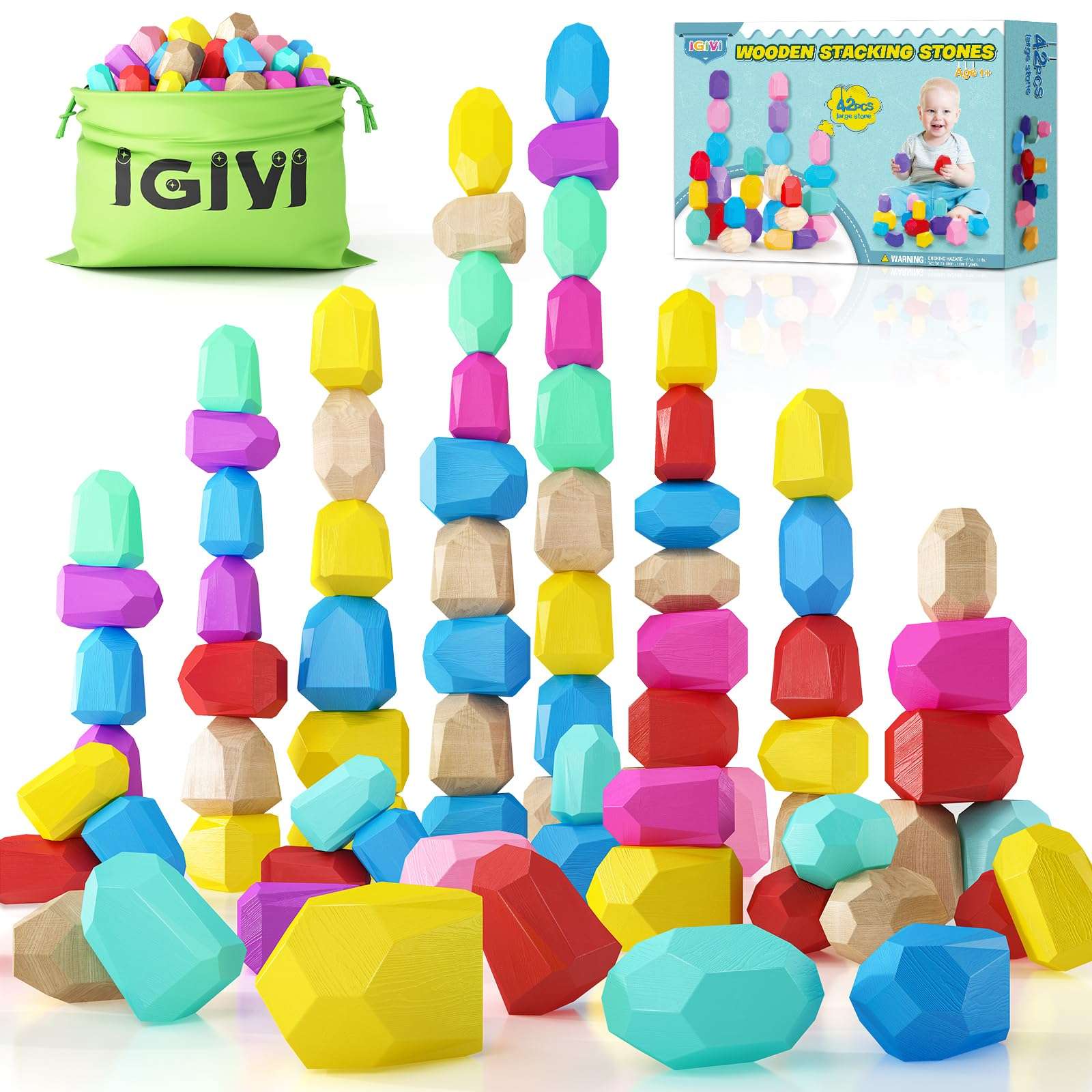 IGIVI Rainbow Wooden Stacking Rock Set - 42 Natural Wood Montessori Sensory Stacking Blocks - Early Learning Toy for Toddlers - Montessori Gifts for 1 2 3 Year Olds 1