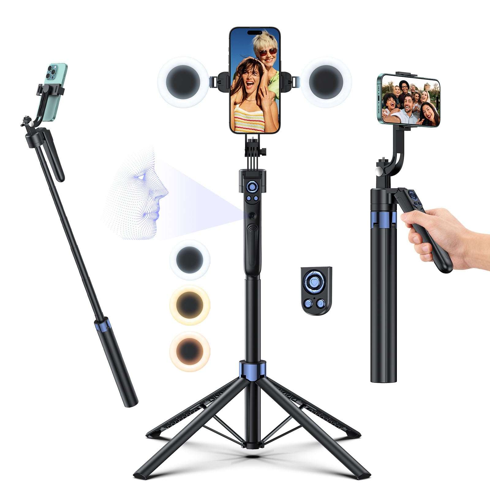 Smart Face Tracking Tripod Selfie Stick with LED Light, 360° Rotating 70" Phone Camera Stand with Bluetooth Remote, Perfect for Video Recording, Live Broadcast, and Social Media Content 1