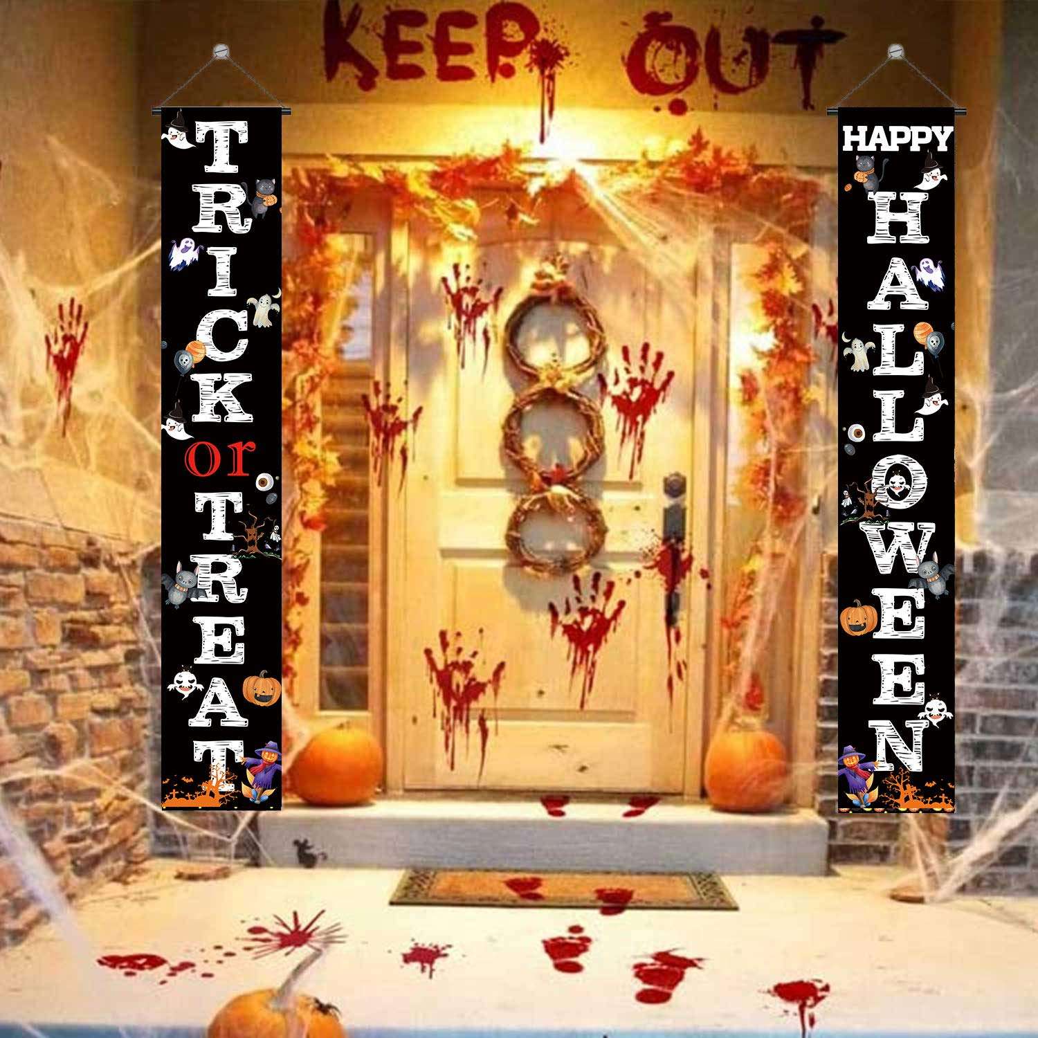 HAPPY HALLOWEEN TRICK OR TREAT Hanging Banner Porch Sign Pumpkin Ghouls Bat Cat Pattern Backdrop Flag For Indoor Outdoor Wall Door Decoration Happy Halloween Party Decorations 72"x12" 6
