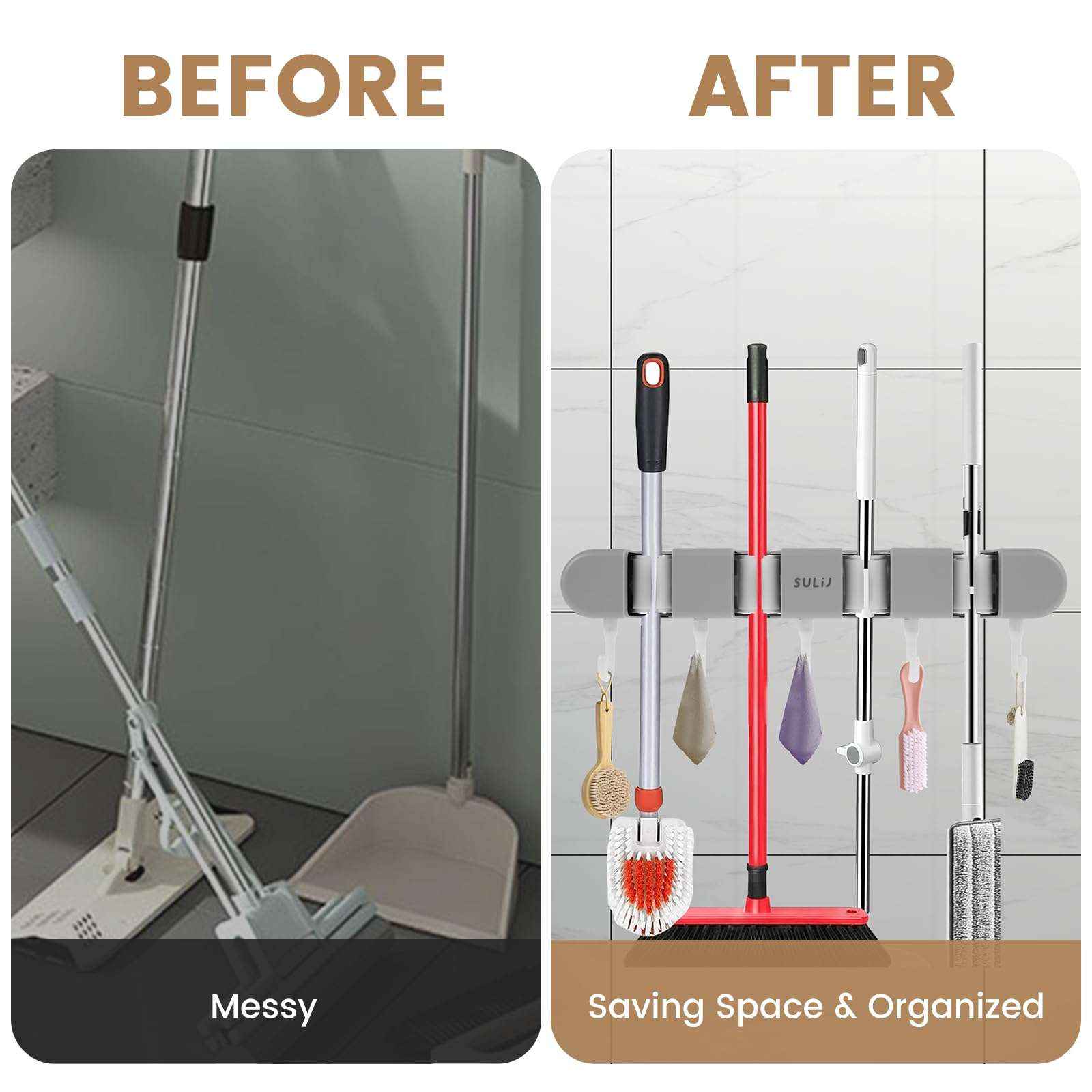 6PCS 4 Racks and 5 Hook Broom Mop Holder with Hooks Wall Mounted Broom Storage Rack No Drilling Self-Adhesive Mop Broom Organizer Mop Holder Hanger for Bathroom Office Kitchen Closet Garage,Gray 6