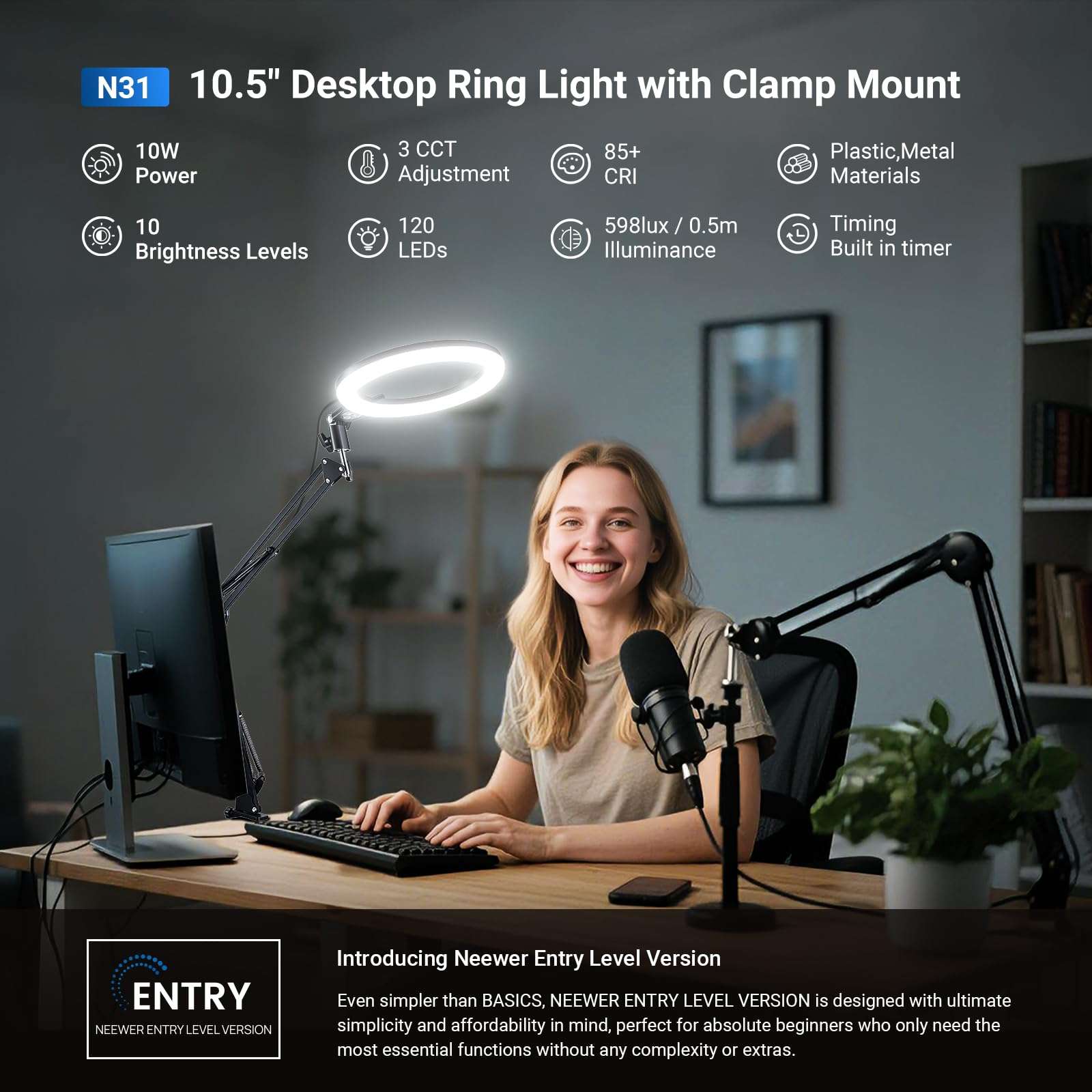 NEEWER Entry Level Version 10.5" Overhead Desktop LED Ring Light, Clamp Stand for Desk/Remote/Phone Holder Compatible with iPhone, 10W Streaming Recording Selfie Laptop Video Conference Lighting, N31 3