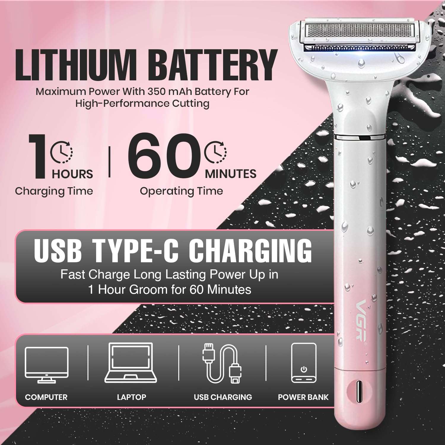 VGR Bikini Trimmer for Women | Safe & Gentle Grooming for Bikini, Underarm, Face & Body | Eyebrow & Nose Trimmer Attachments | IPX5 Waterproof | 60min Runtime | Type-C Charging (V-611) 5