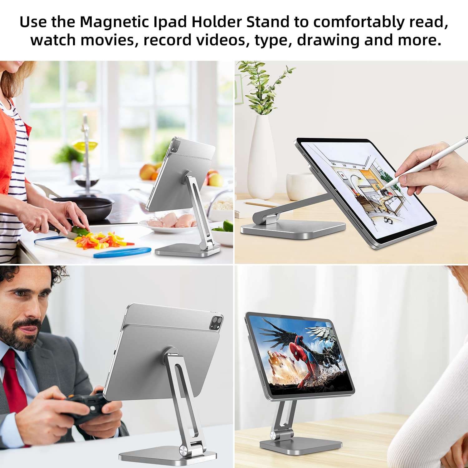 XUNMEJ iPad Pro Stand Magnetic, Updated Tablet Stand Holder, Foldable & Adjustable iPad Holder for Desk Heavy Base Holder for iPad Pro 11 Inch 1st/2nd/3rd/4th Gen & Air 4th 5th(Silver) 2