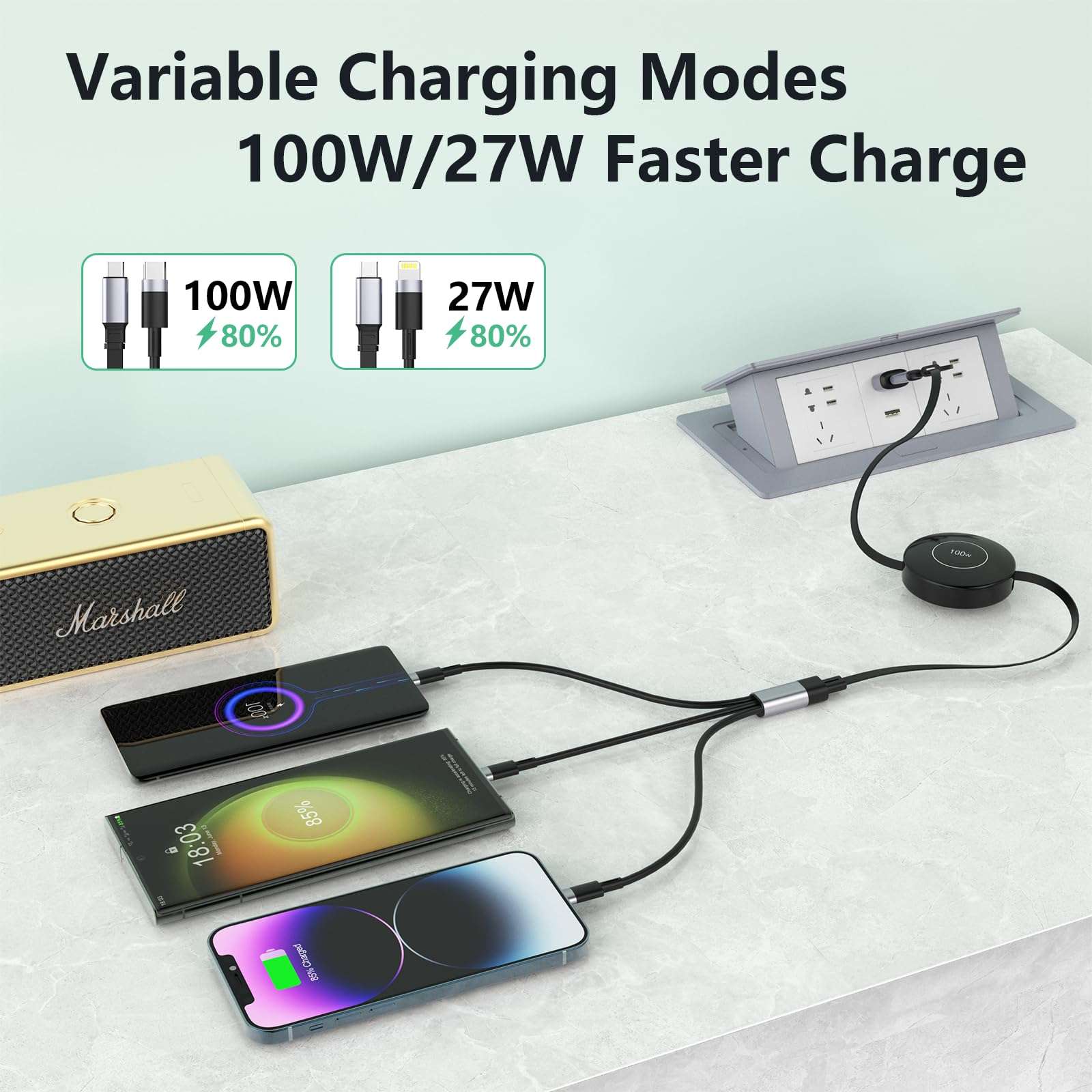 USB C Retractable Multi 5-in-1 USB A/Type C to Lightnning+USB C+Micro iPhone Charging Cable,100W+27W+10W PD Fast Multiple Charger Cord for iPhone 15 14 13 12/Samsung S23/iPad Pro/MacBook-Black 4