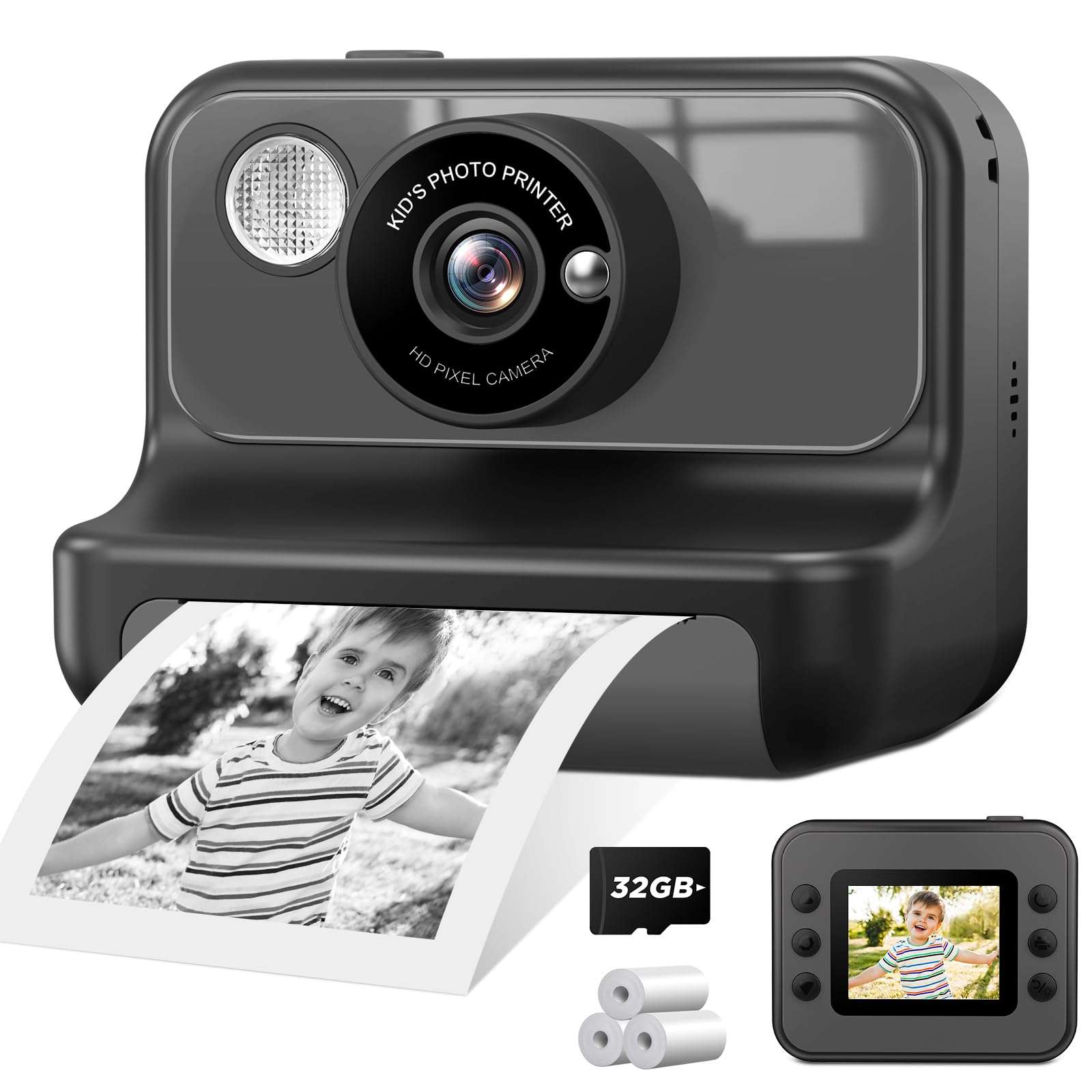 Kids Camera Instant Print, 1080P Video Instant Cameras for Kids, Christmas Birthday Gifts Toys Camera for Toddler Girls Boys Age 3-12-Black 1