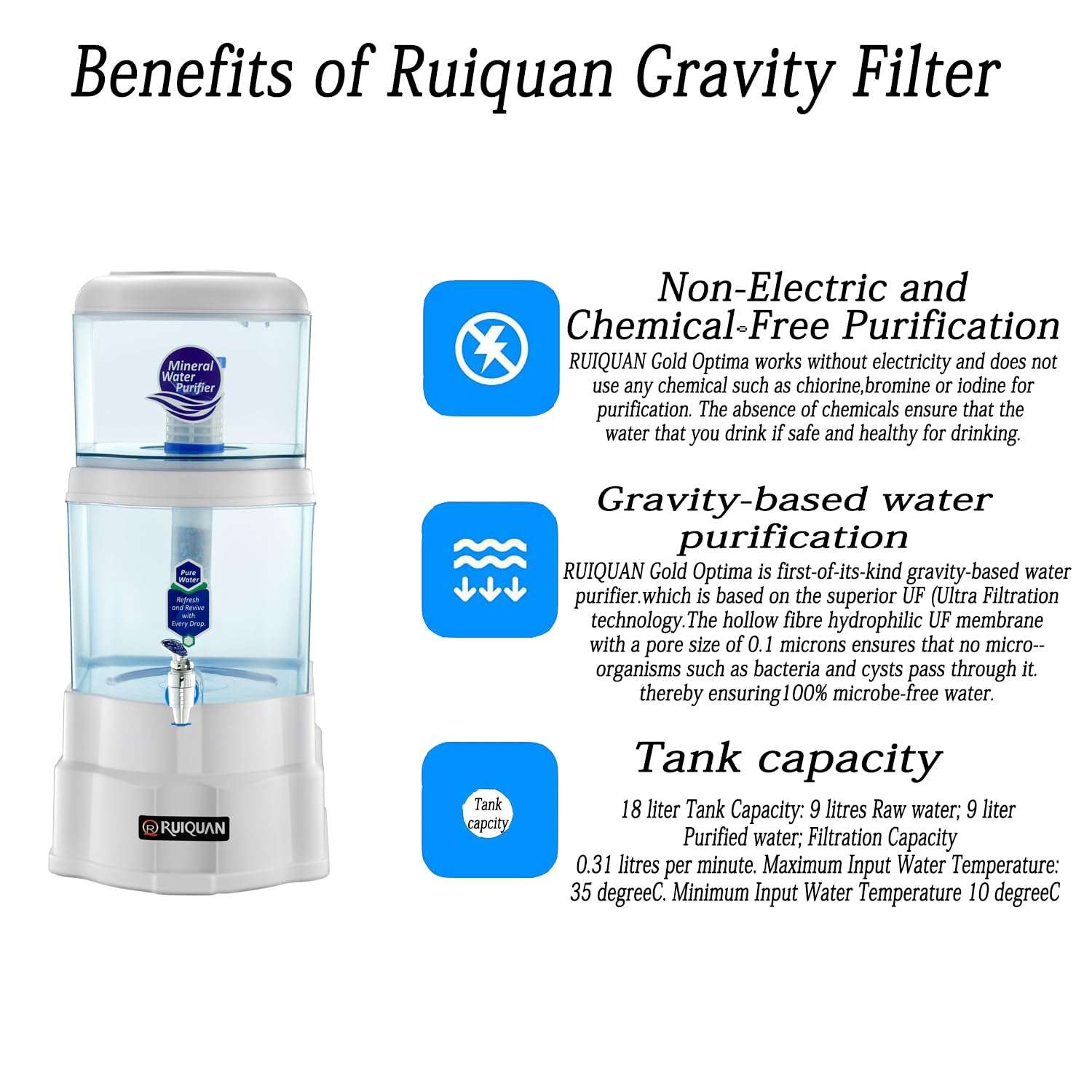 Ruiquan Gravity Water Purifier White| 18L Storage & UF Technology Based non electric water purifier for home (WHITE) 3