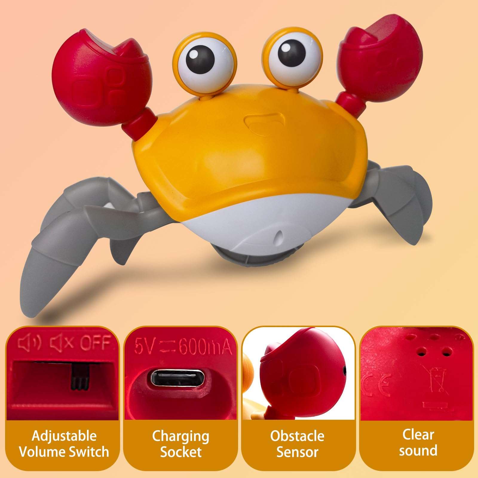 Zolakolet Crawling Crab Baby Toy Dancing Crab Baby Toy with Music and LED Lights, Automatically Avoids Obstacles Birthday, for Baby Boys and Girls 3