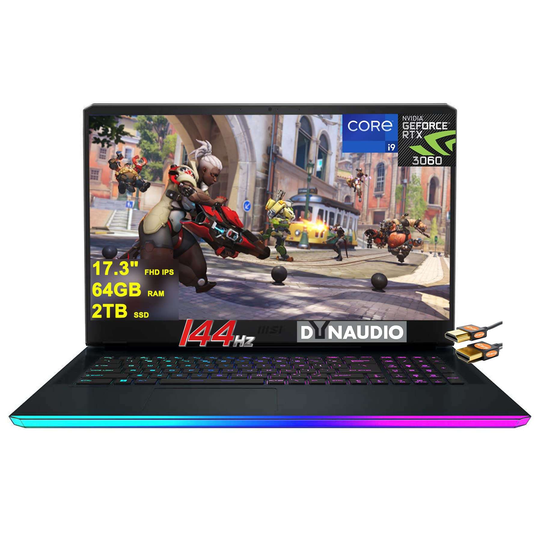MSI GE76 Raider Gaming Laptop 17.3" FHD IPS 144Hz Intel 14-core i9-12900H 64GB RAM 2TB SSD GeForce RTX 3060 6GB RGB Backlit Thunderbolt USB-C MiniDP Dynaudio Nahimic Win11 Black + HDMI Cable 1