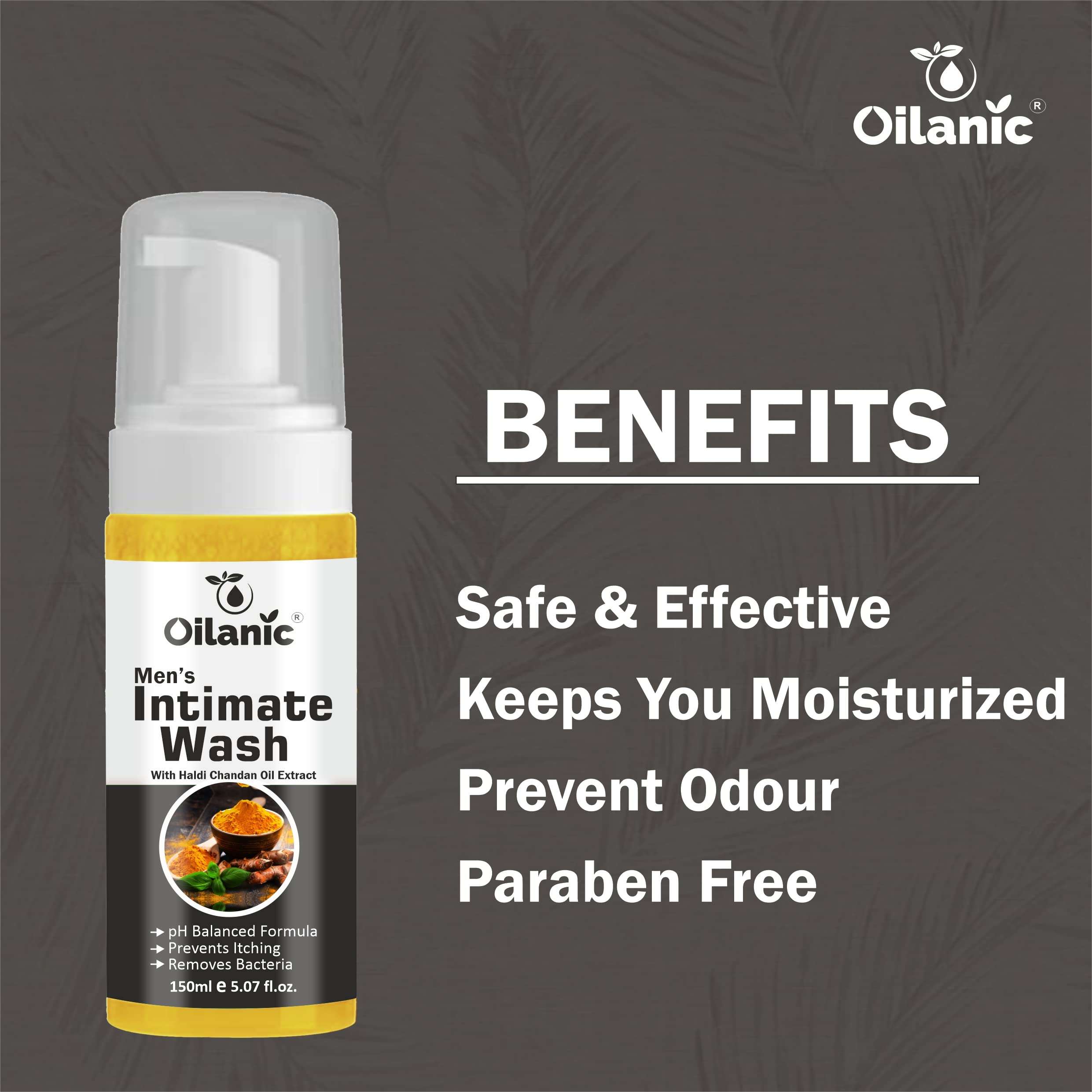 Oilanic Natural Men's Intimate Wash with Haldi Chandan Extract (Pack of 4, Each 150 ml)|pH-Balanced Hygiene Wash for Daily Freshness and Odor Control Gentle Cleanser for Sensitive Skin Chemical free 6