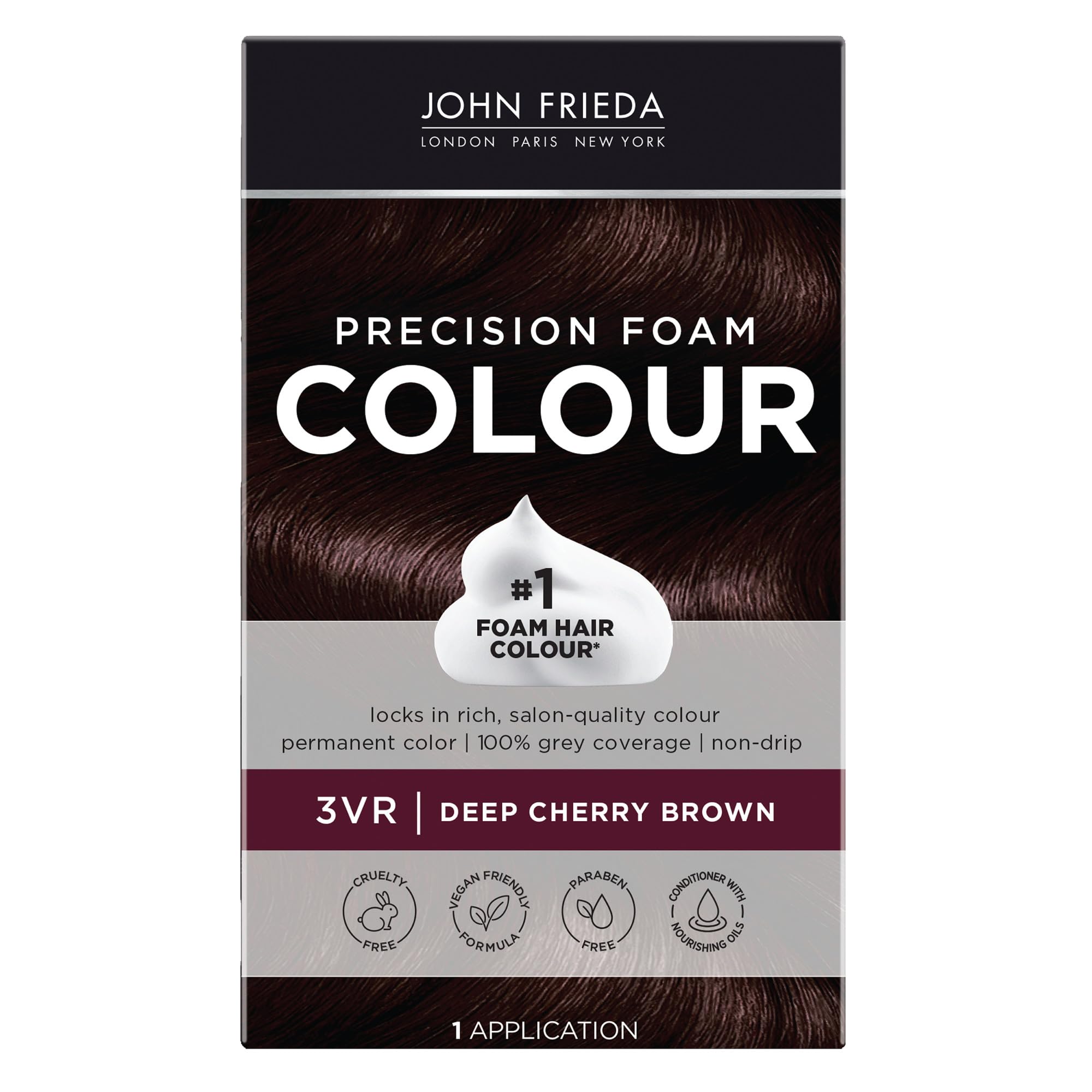 John Frieda Precision Foam Colour, Deep Cherry Brown 3VR, Full-coverage Hair Color Kit, Anti-Fade Gray Coverage, Deep Color Saturation Hair Dye, 1 Application 1