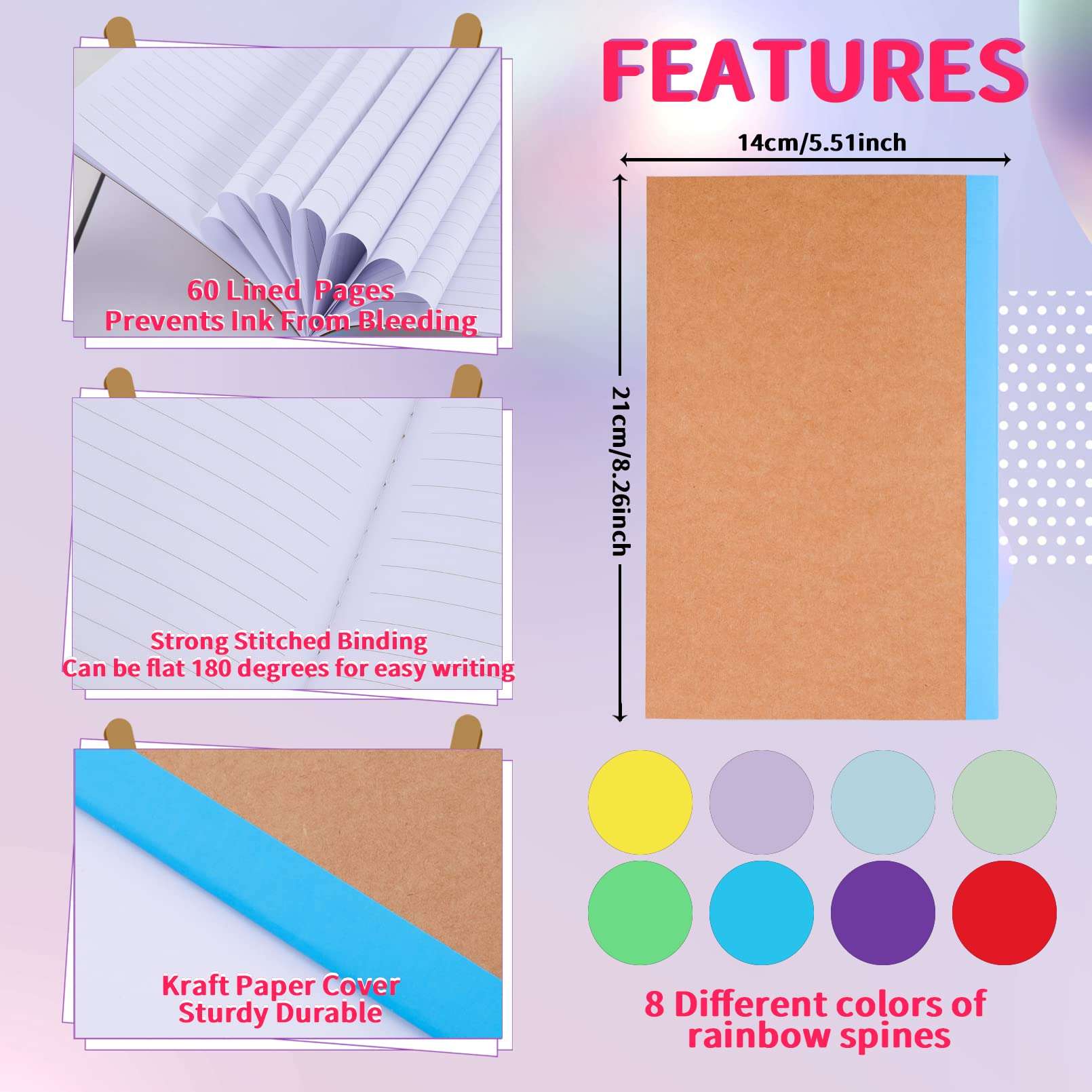 Yihurlm 24 Pack Composition Notebooks Bulk,A5 Kraft Notebooks 60 Pages,Lined Pages Travel Journals with Rainbow Spines,Composition Notebook Wide Ruled for School Office Home,8.3 X 5.5 in, 8 Colors 3