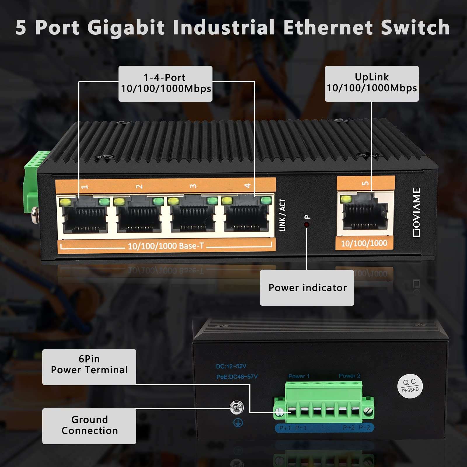 GOVIAME 5 Port Gigabit Unmanaged Industrial Ethernet Network Switch,5 x 10/100/1000 Mbps Gigabit Ethernet Ports,Plug-and-Play,16 Gbps Switching Capacity,DIN-Rail,IP40 Rated (Fanless,-40°C~185°F) 2
