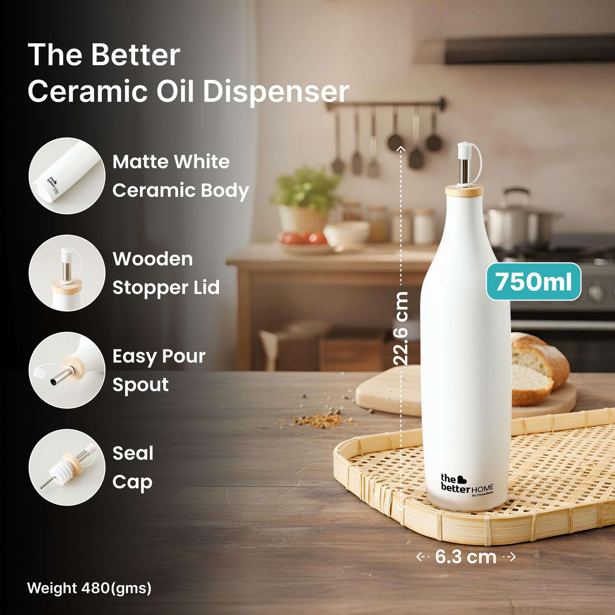 The Better Home Matte Black Ceramic Bar Accessories Bottle Pour Spouts | 750ml Capacity Leakproof Airtight Drip-Free Spout Wooden Stopper Lid Odor Resistant Stain Resistant Modern Design | 4