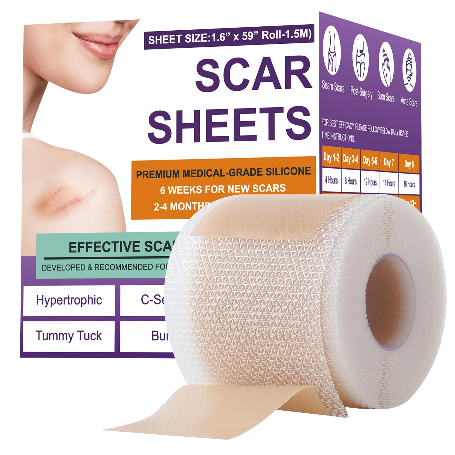 Silicone Scar Sheets,Silicone Scar Tape,Silicone Scar Removal Strips for Surgical,C-Section,Tummy Tuck,Keloid Scars (1.6"X 59" Roll-1.5M) Keloid Bump Removal 1