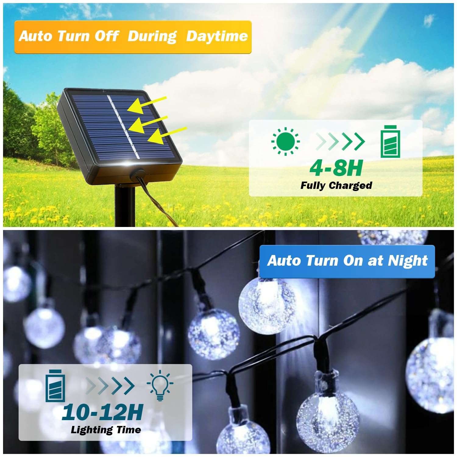 USOKYO Solar Lights Outdoor Waterproof, 2 Pack Total 200LED 110FT Solar String Lights for Outside with 8 Modes, Outdoor String Lights Crystal Globe Patio Lights for Garden Yard Party Decor(Warm White) 4