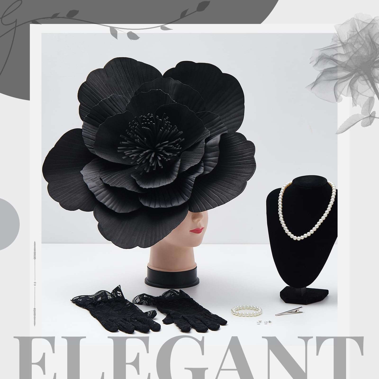 Ecation Large Flower Fascinators for Women Tea Party Fancy Hats and Gloves Set for Women Tea Party Wedding Accessories(Black) 6