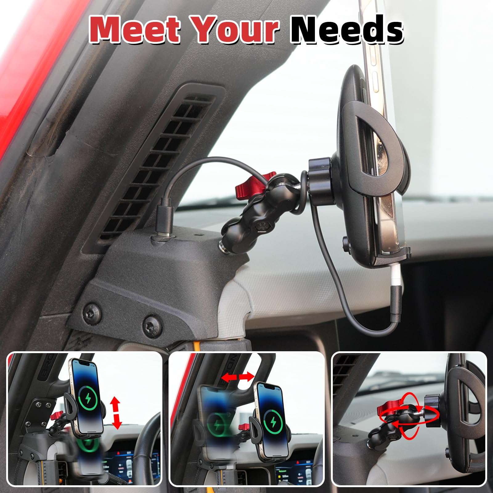 Aigmux Phone Holder with Charging C Port for Ford Bronco 2021 2022 2023 2024 2025, Adjustable Angle 360° Phone Holder for Bronco Accessories (with Charging Stand) 5