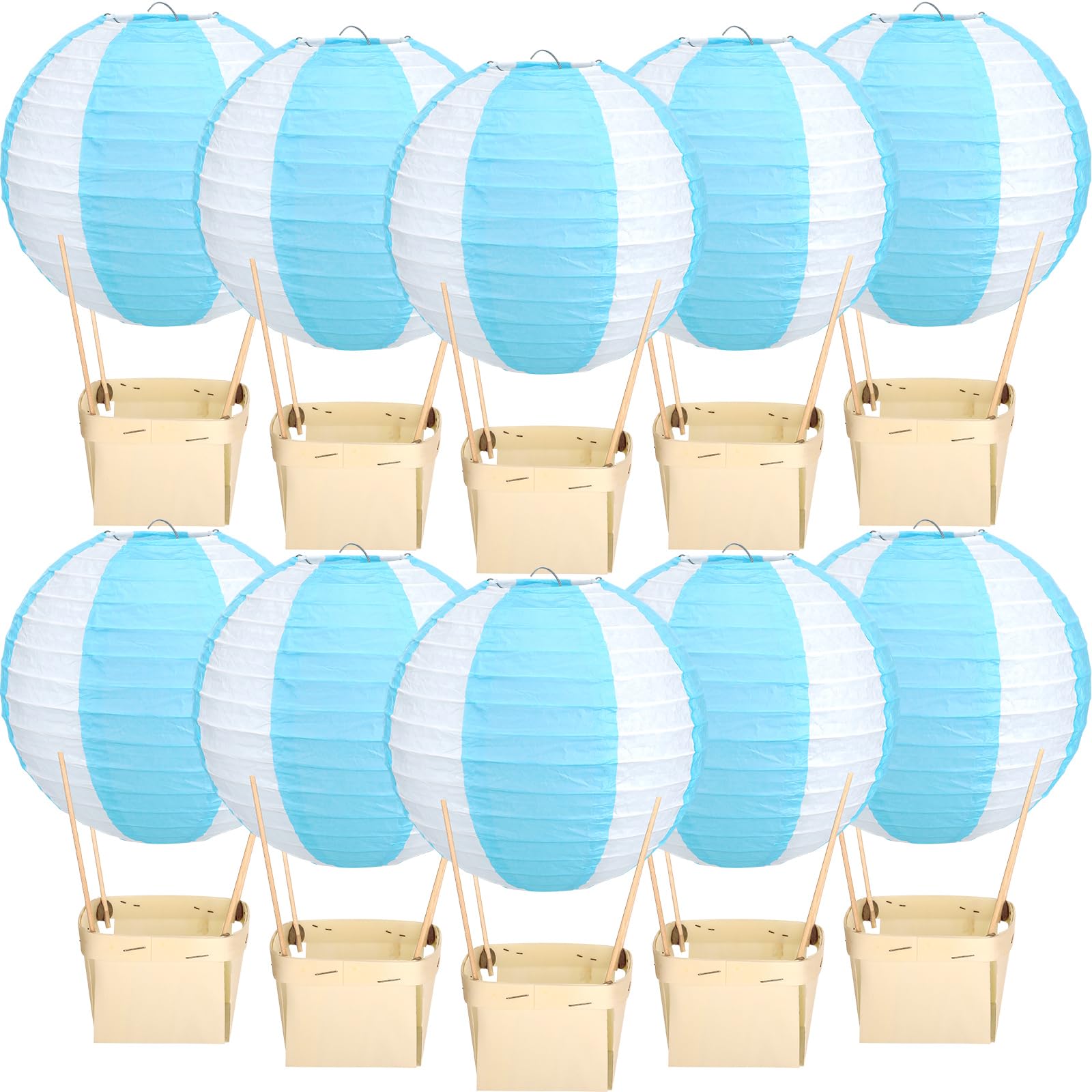 Rossesay 12 Sets Baby Shower Hot Air Balloon Table Centerpieces Hot Air Balloon Centerpieces for Baby Shower with Wooden Baskets Sticks Baby Shower Table Decorations for Gender Reveal Birthday (Blue)