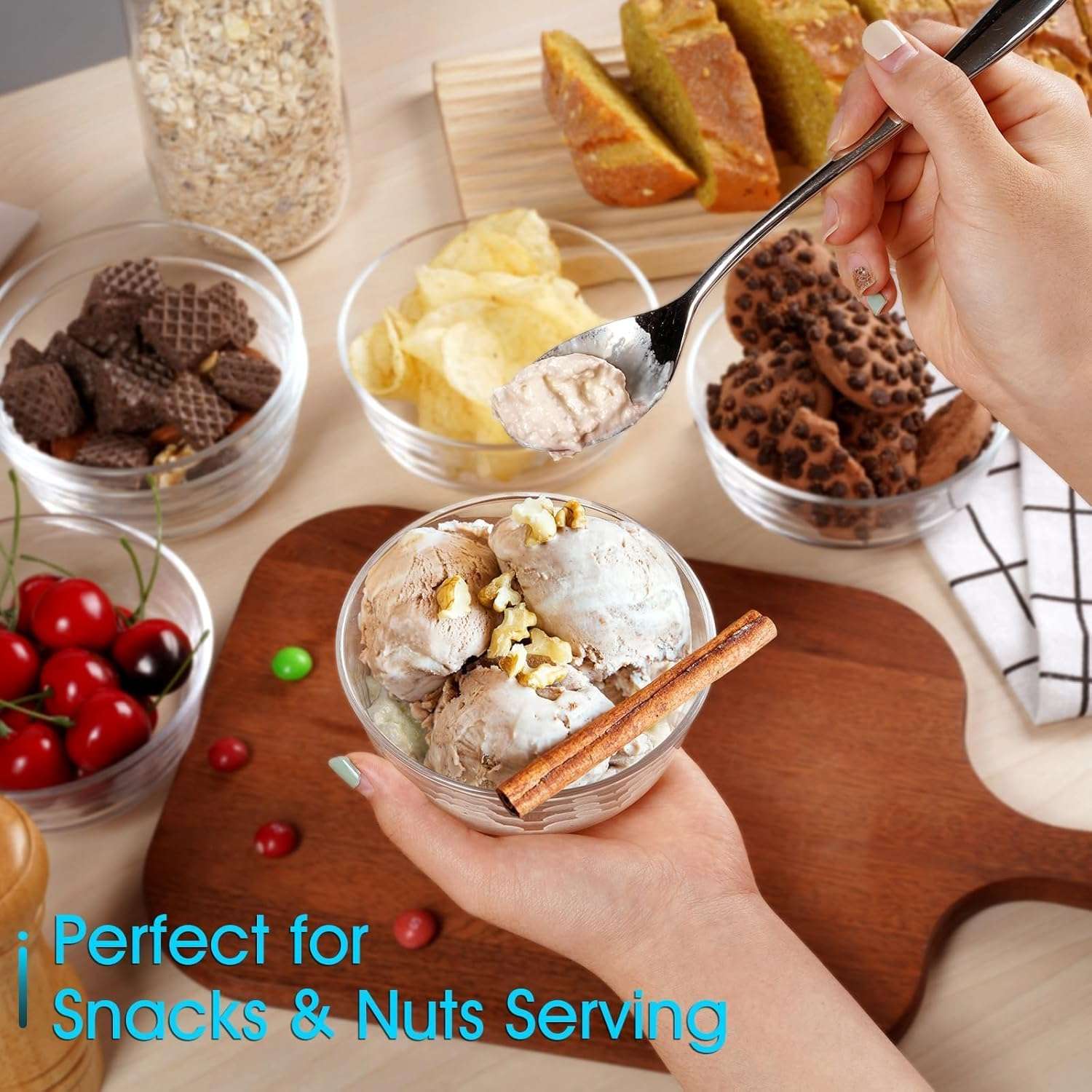 WRINGO Glass Bowl for Kitchen Prep, Dessert, Dips, and Candy Dishes, Cake, Snack Bowl Set of 6 Or Nut Bowl, and Microwave Safe Clear Glass Bowls for Mixing, Storing Size 4.5 Inch 6