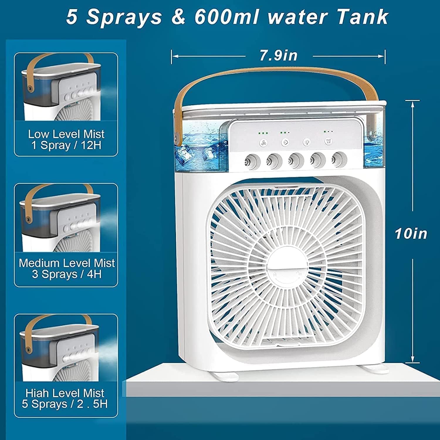 Portable Air Cooler Fan with Mist Spray, 3 Speed Settings, 7 LED Colours, USB Powered 4