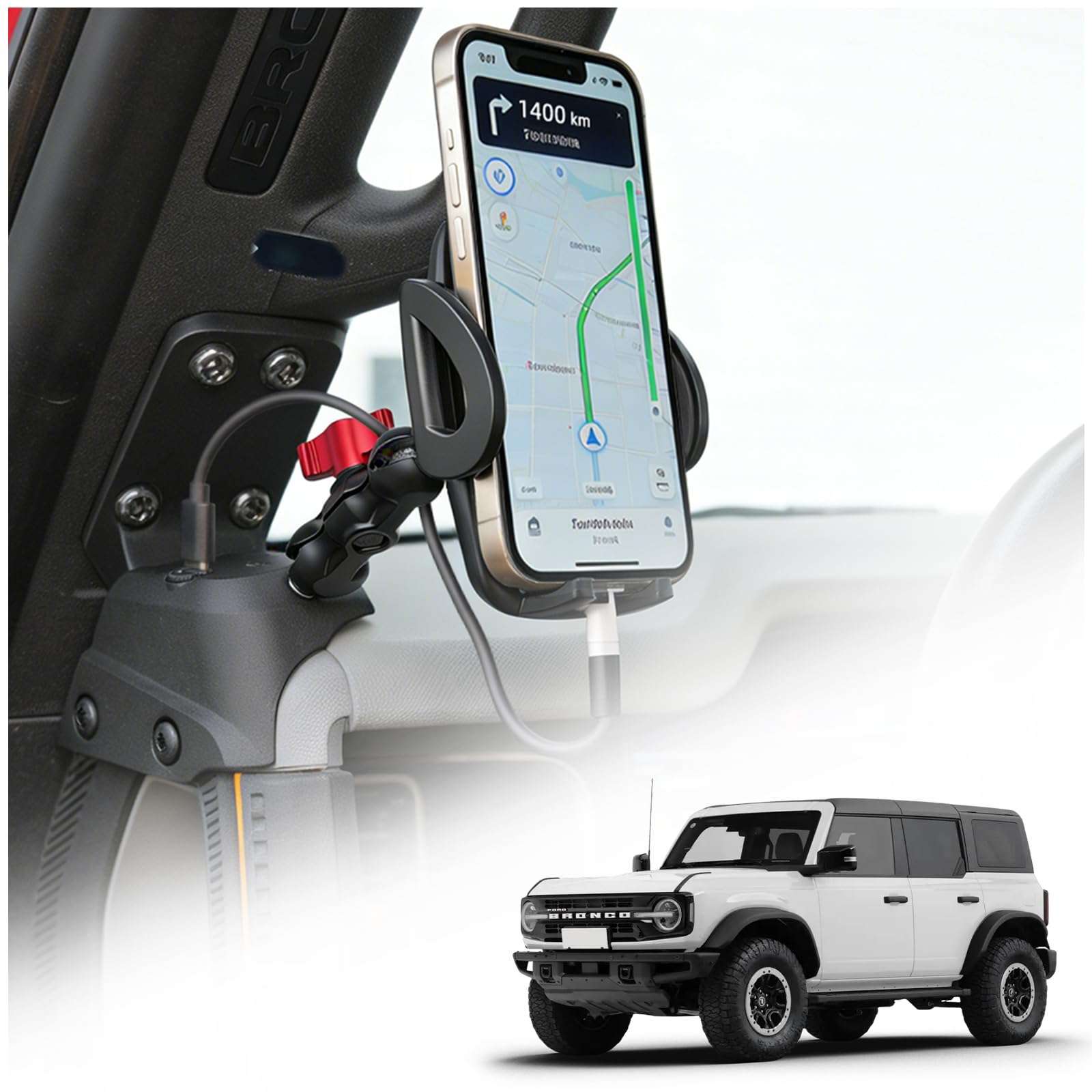 Aigmux Phone Holder with Charging C Port for Ford Bronco 2021 2022 2023 2024 2025, Adjustable Angle 360° Phone Holder for Bronco Accessories (with Charging Stand) 1