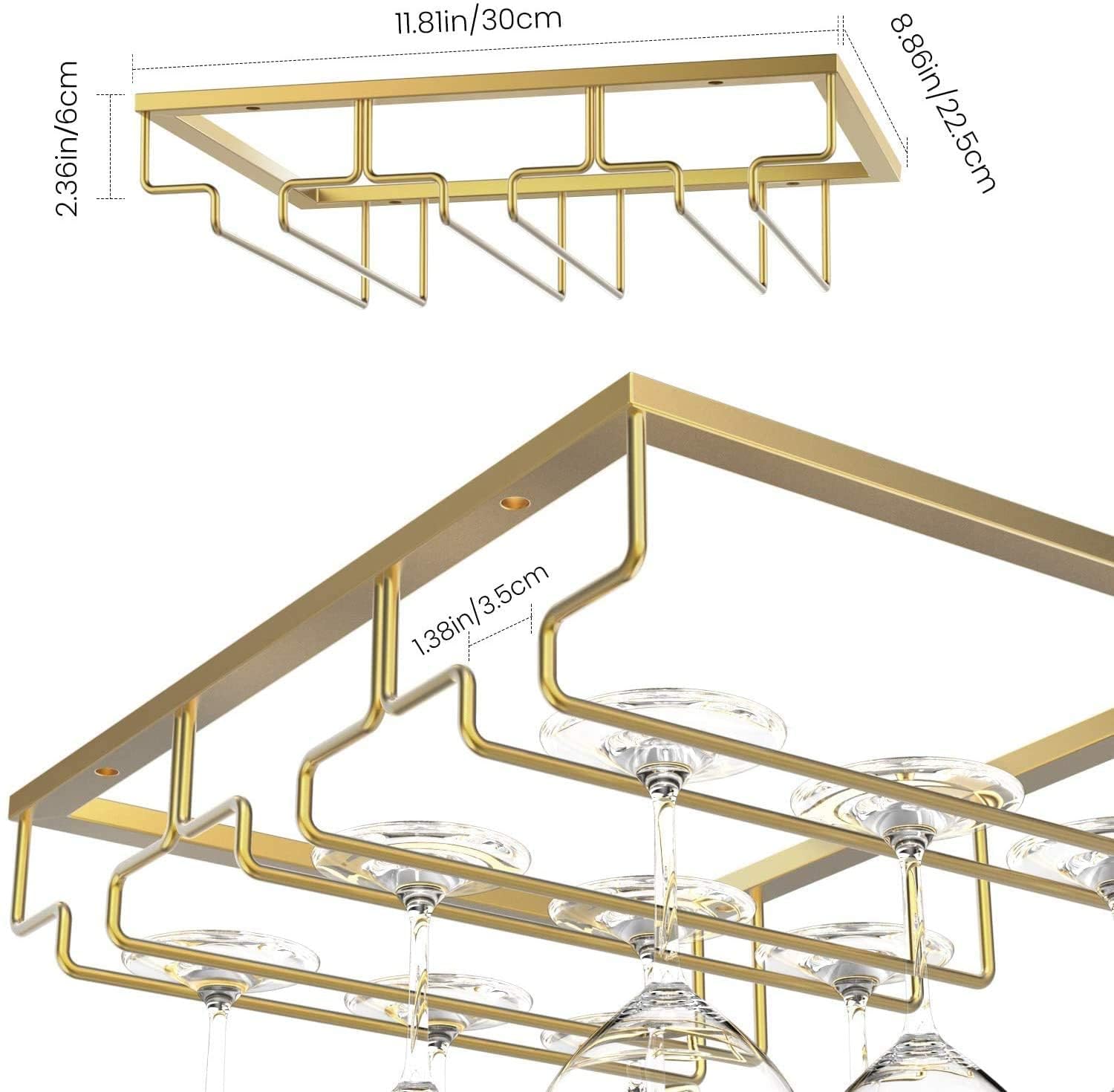15 WEST 38028 Wine Glass Hanger Rack Under Cabinet Stemware Wine Glass Holder Storage Hanger for Bar Kitchen Cabinet (3 Rows) - Golden Color. 4
