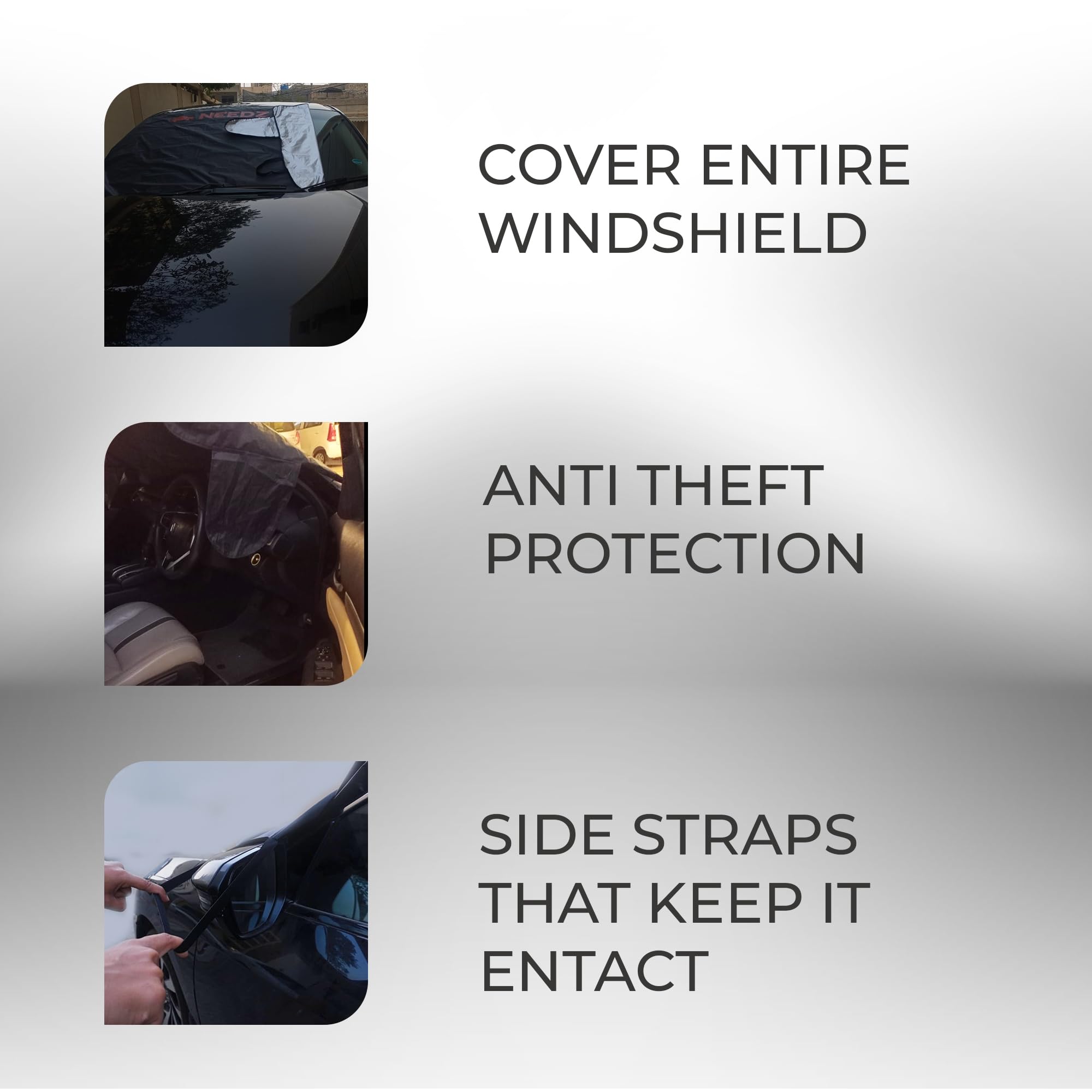 NEEDZ Windshield Snow Cover for Ice and Snow | Light Weight 170T Silver Coated Fabric | Premium Windshield Protection for Cars, SUVs, Trucks | Secure Fit Waterproof Frost Cover | Large (88"x39")* 4