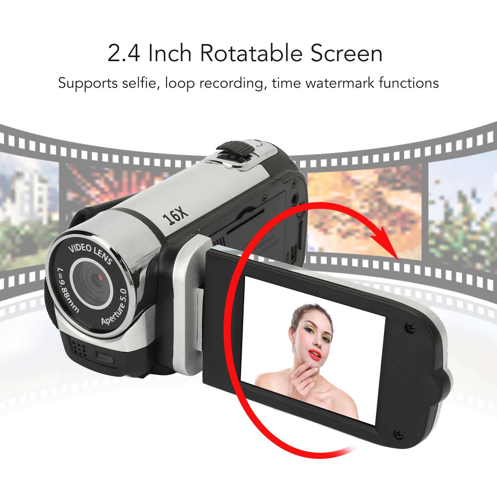 1080PDigital Camera, 16MP Camcorder with 2.4 Inch Rotatable Screen, 16X Zoom HD Video Recorder with Fill Light, Video Camera Built in Battery (Silver) 5