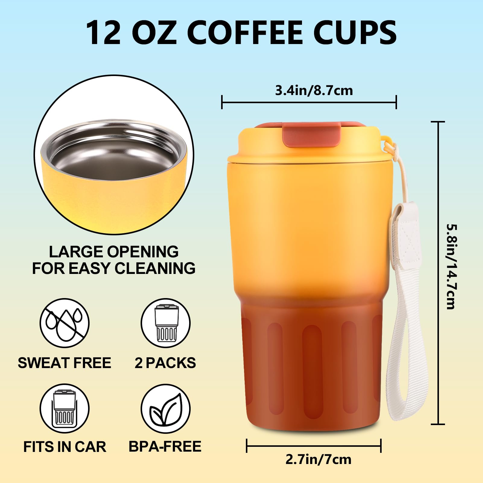 XIAPIA Travel Mug 12 oz, 2 Pack Cups With Lids, Leak Proof Reusable for Hot/Iced Coffee, Double Walled Vacuum Insulated Tumbler Gift (Green-Blue + Orange-Brown) 5