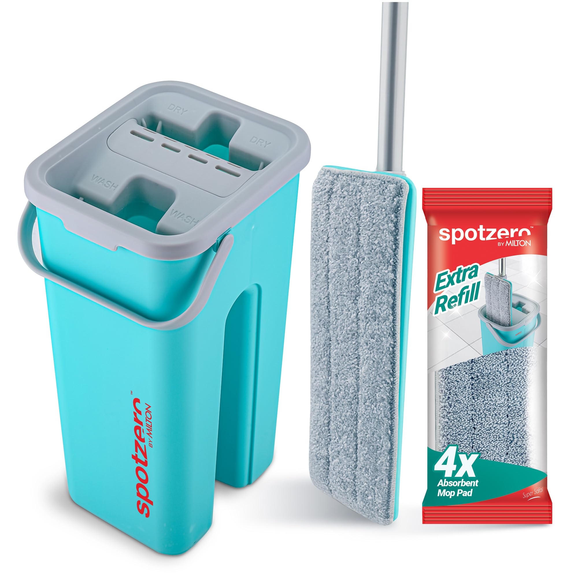 Spotzero By Milton 2-1 Flat Mop I Wash and Dry Chamber I Flexible Head I Premium 4X Absorbent Microfiber Refills I Floor Plus Wall Mop I Long Handle I Compact- Lightweight I 2.8 Litre 1