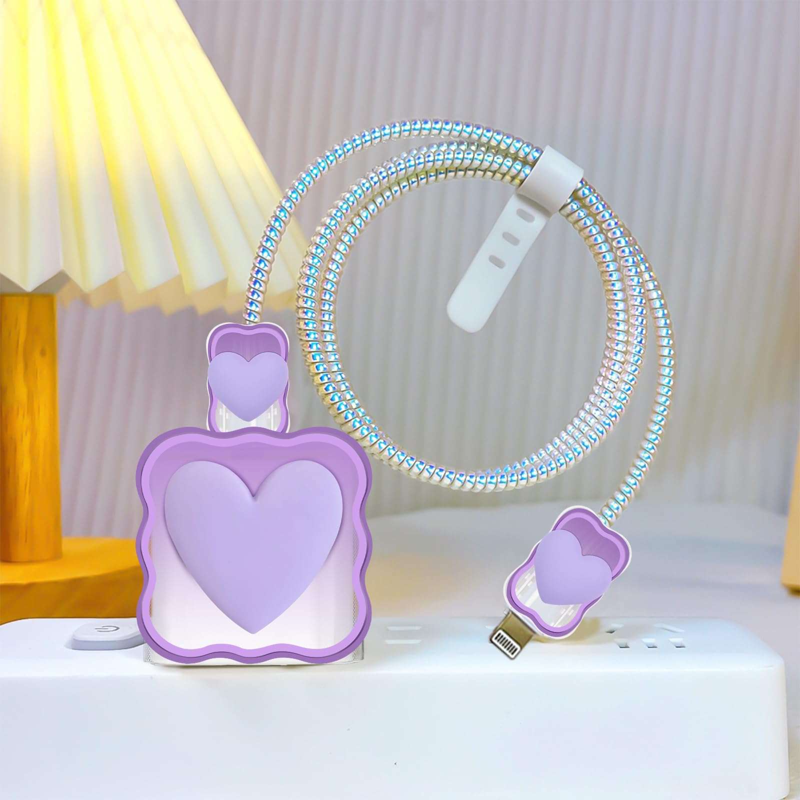 CameCosy Phone Charger Case Storage Set with Cable Protector for iPhone Charger, Heart-Shaped Mirror Design, Wave Travel Storage Bag, Earphone Wire Saver Cable Organizer Soft Cable Protector (Purple) 6